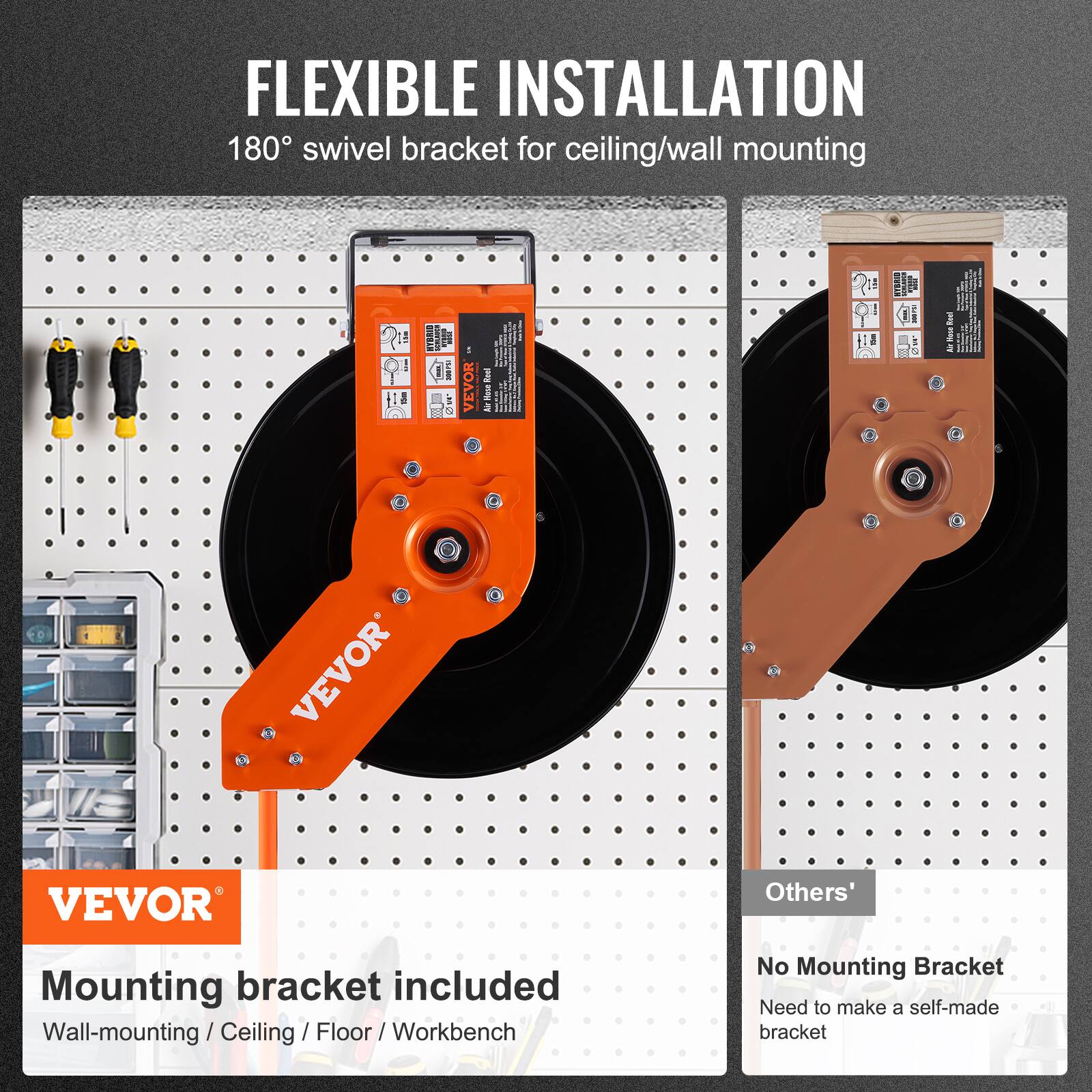 FLEXIBLE INSTALLATION  
180° swivel bracket for ceiling/wall mounting  

VEVOR  
Mounting bracket included  
Wall-mounting / Ceiling / Floor / Workbench  

Others'  
No Mounting Bracket  
Need to make a self-made bracket