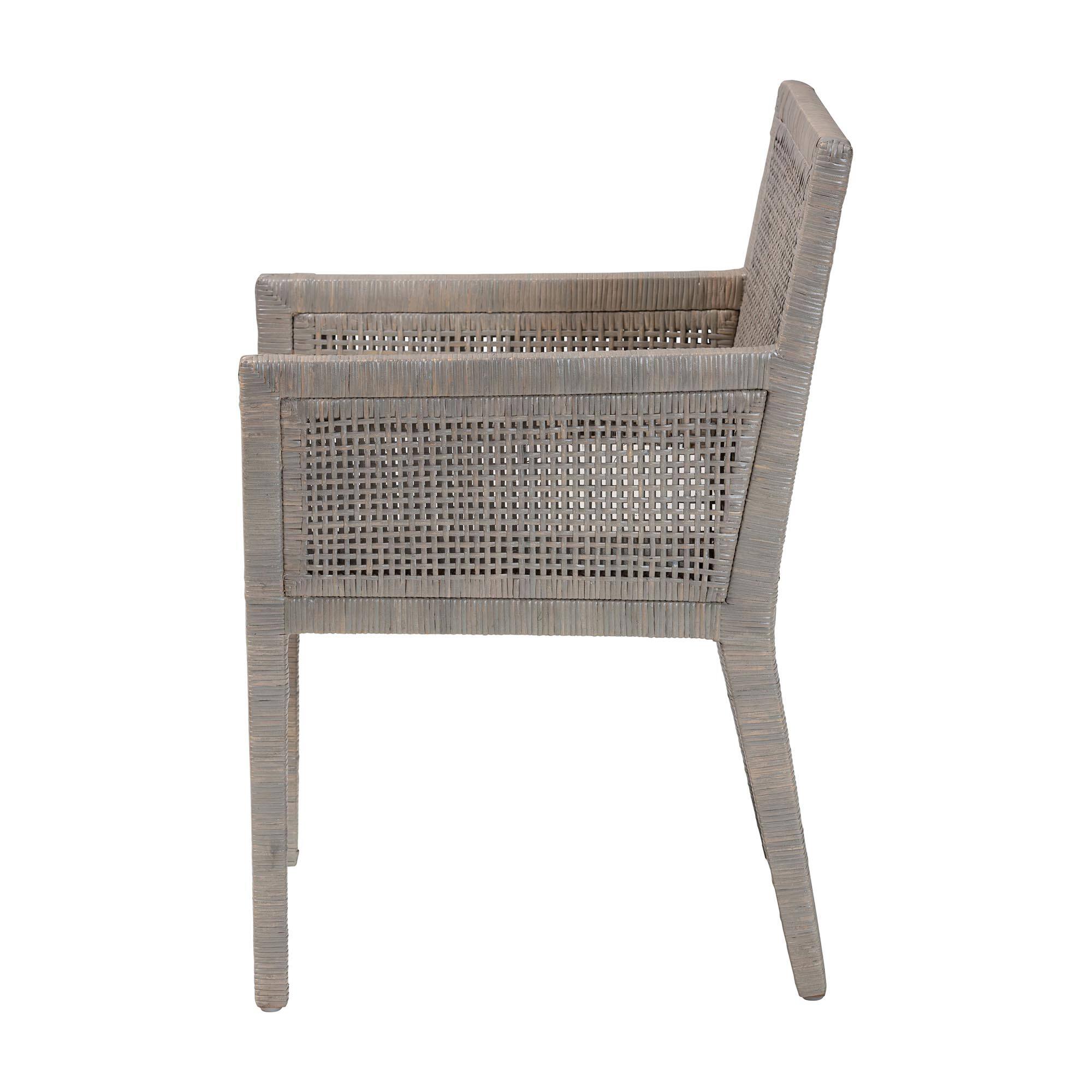 Left. bali & pari - Karis Rattan Dining Chair with Cushion - Handwoven Wicker Armchair with Mahogany Wood Frame - French Grey.
