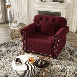 Anysun - 41.3" Velvet Chesterfield Sofa w/ Nailhead Trim, Rolled Armrests, Button Tufted, 1 Pillow, Mid-Century - Red