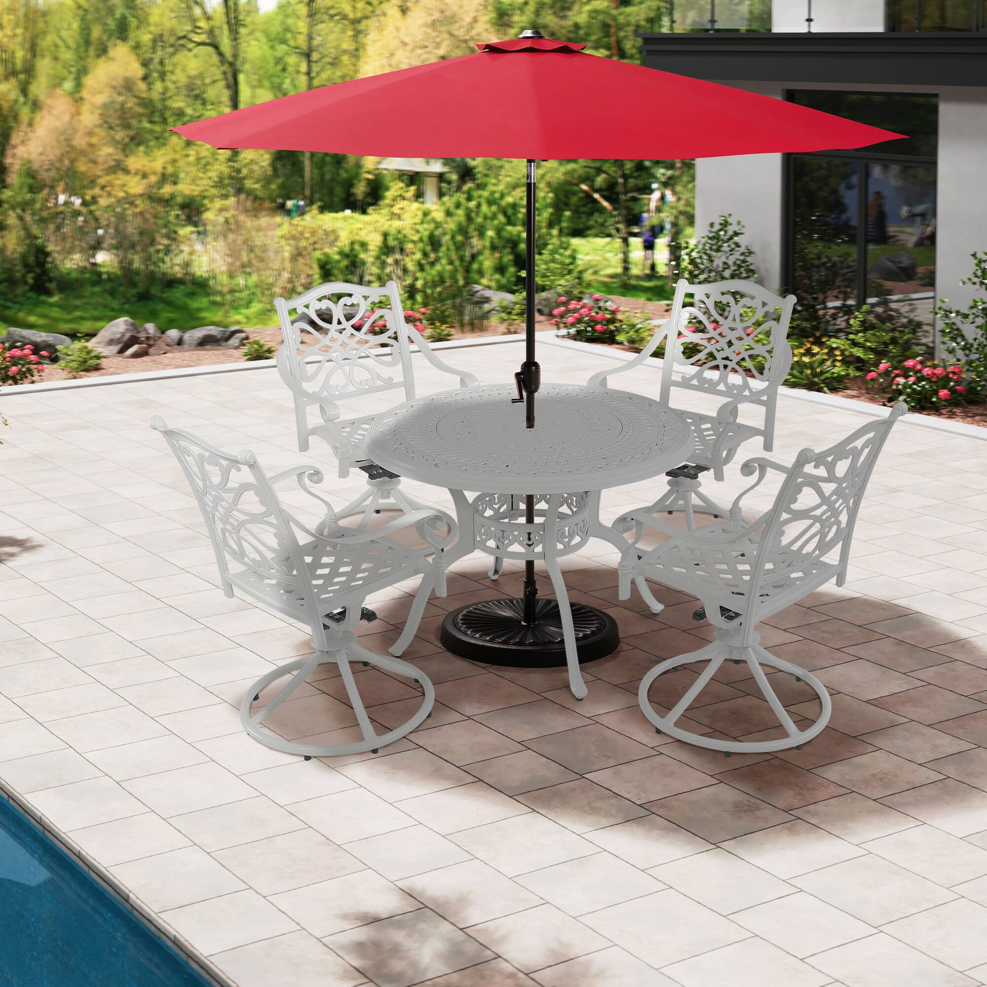 Angle. Mondawe - 5-Piece Cast Aluminum Patio Dining Set with Swivel Chairs and Umbrella Hole - White.