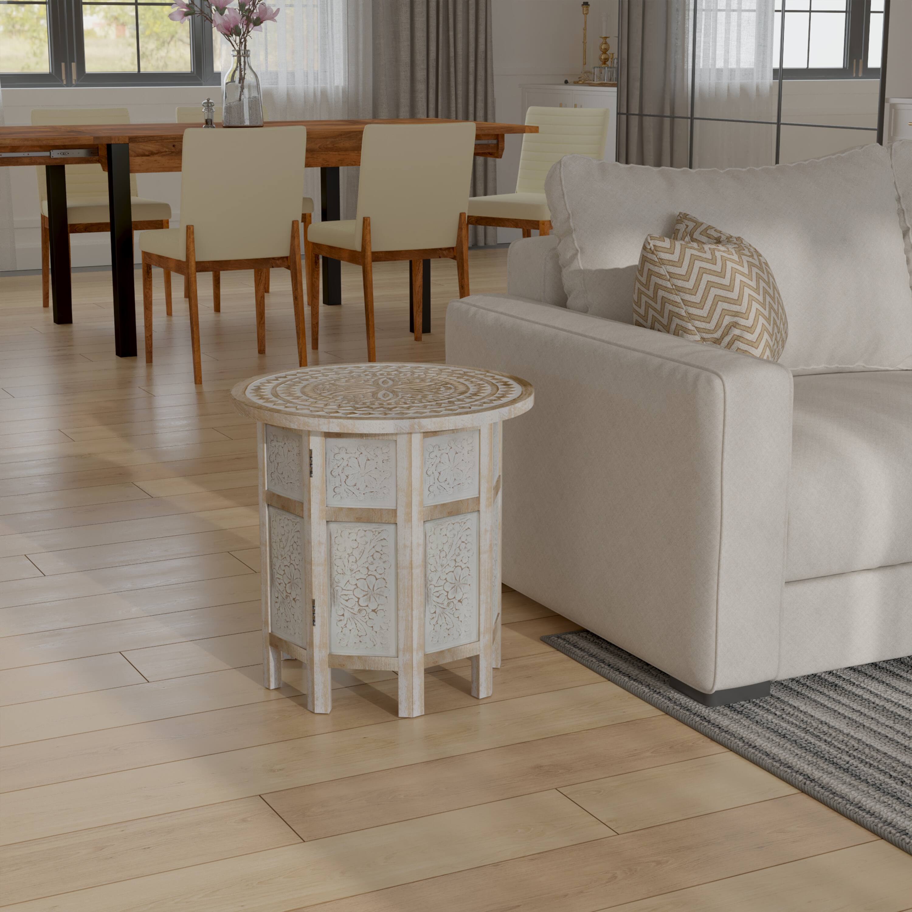 Alt View 7. Manhattan Lane - Accent Side Table, Mango Wood 18 Inch Round Top, Hand Carved Inlay Mandala Design - Washed White.