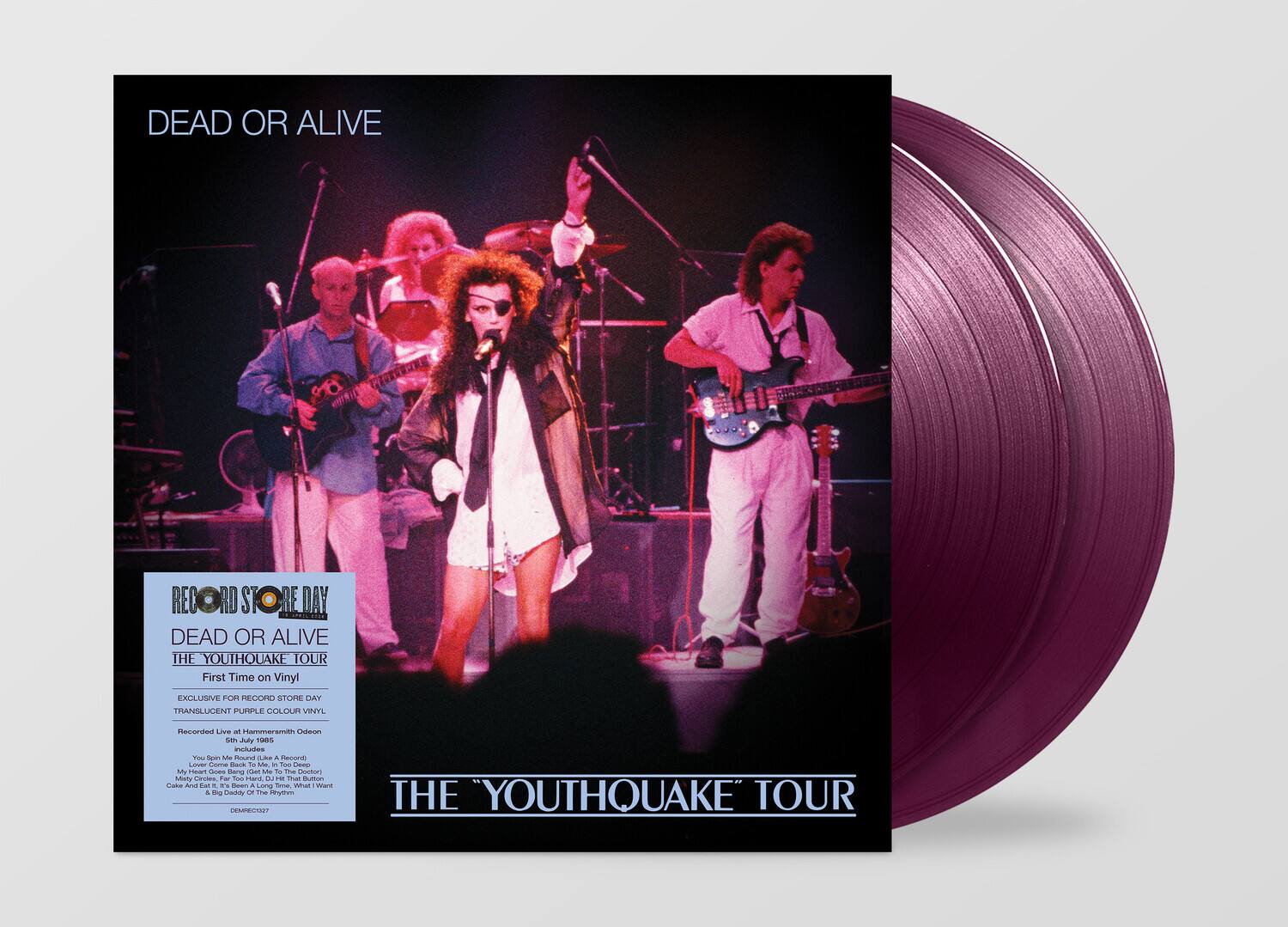 DEAD OR ALIVE  
THE YOUTHQUAKE TOUR  
First Time on Vinyl  
EXCLUSIVE FOR RECORD STORE DAY  
TRANSLUCENT PURPLE COLOUR VINYL  

Recorded live at Hammersmith Odeon  
5th May 1985  

You Spin Me Round (Like a Record)  
My Heart Goes Bang (Get Me To The Doctor)  
My Heart Goes Bang (Get Me To The Doctor)  
Cake And Eat It (It's Been A Long Time)  
What! I Want