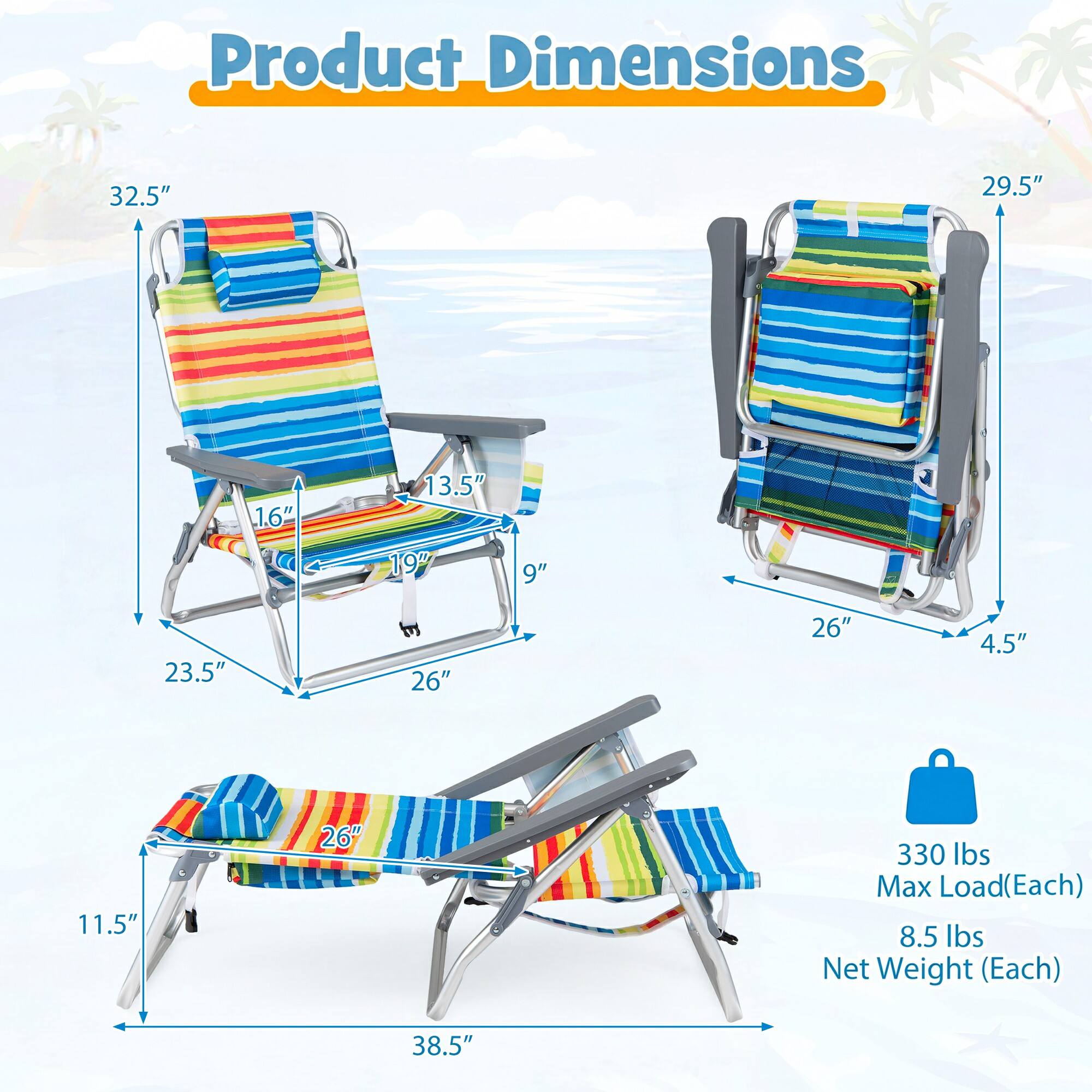 Product Dimensions: 32.5" x 29.5" x 1.6" x 13.5" x 19" x 9" x 23.5" x 26" x 26" x 4.5" x 11.5" x 26" x 38.5"  
Max Load (Each): 330 lbs  
Net Weight (Each): 8.5 lbs