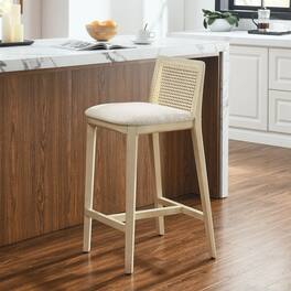 Monarch Wood and Rattan Counter Stool by Modway - Antique White Natural Heathered Weave Ivory