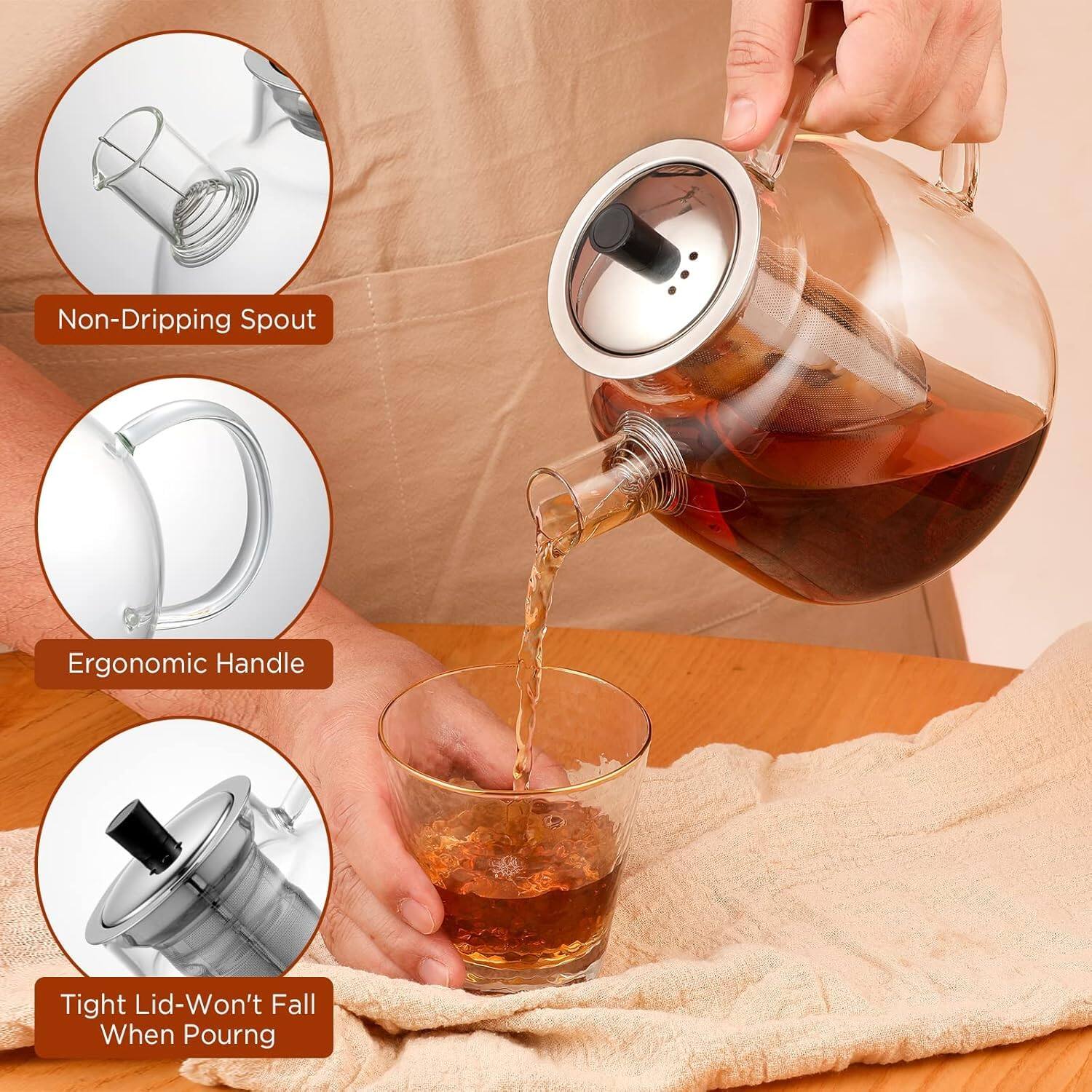 - Non-Dripping Spout
- Ergonomic Handle
- Tight Lid-Won't Fall When Pouring
