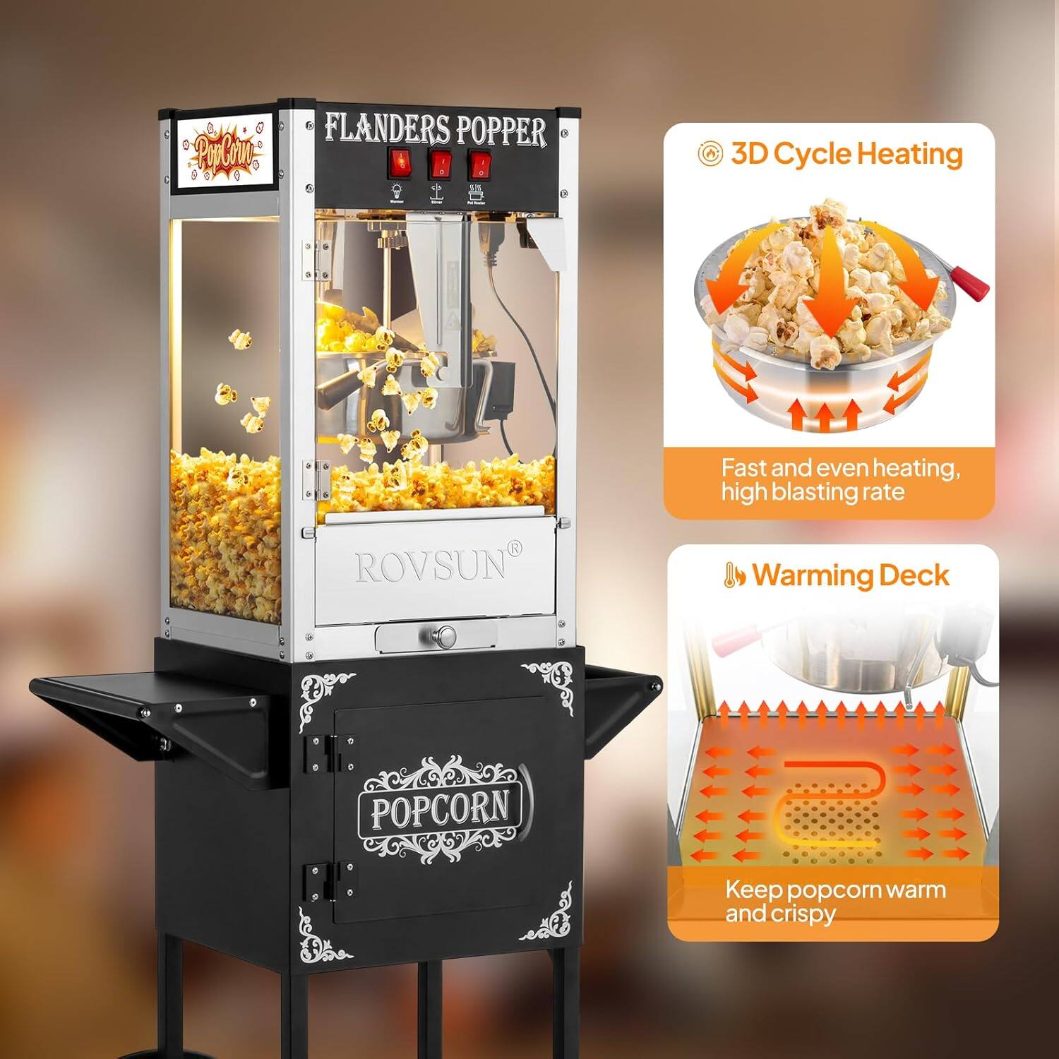 FLANDERS POPPER

ROVSUN

3D Cycle Heating
Fast and even heating, high blasting rate

Warming Deck
Keep popcorn warm and crispy