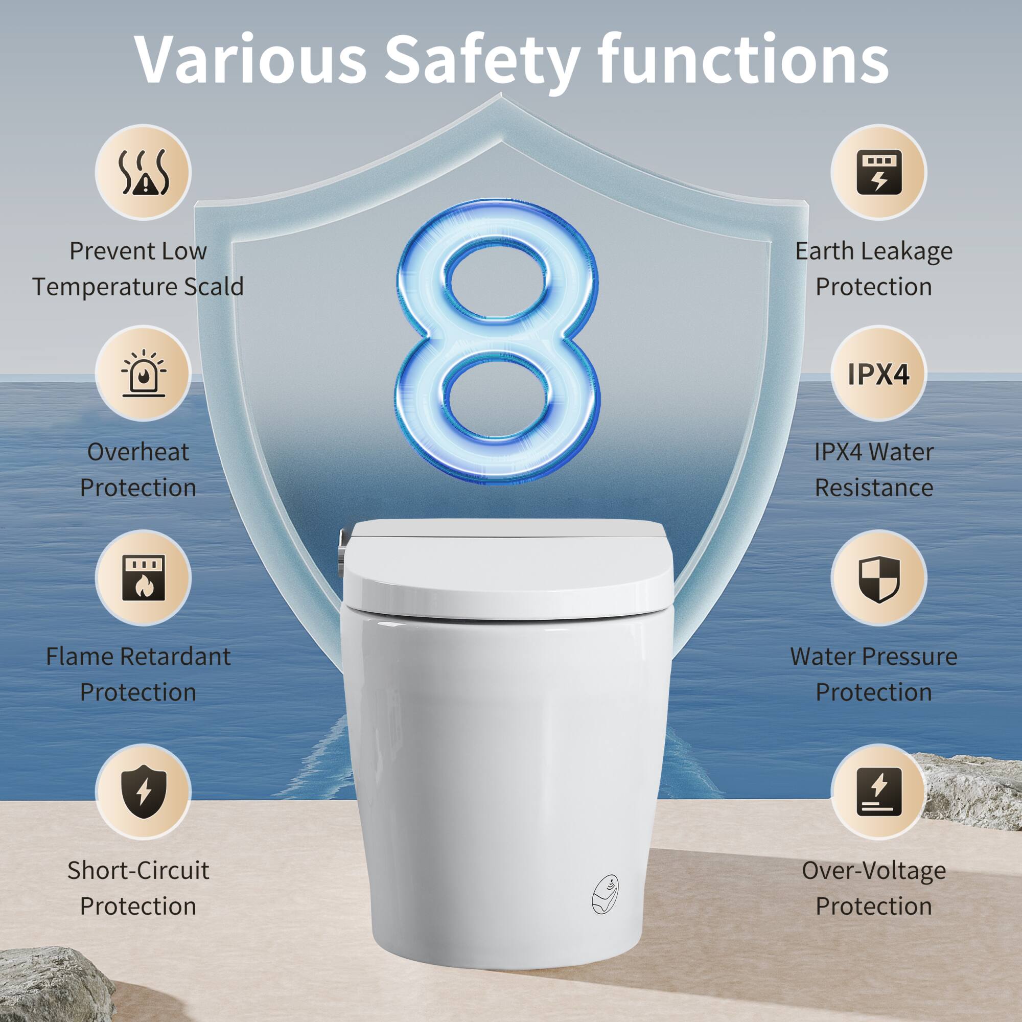 Various Safety functions

1. Prevent Low Temperature Scald
2. Overheat Protection
3. Flame Retardant Protection
4. Short-Circuit Protection
5. Earth Leakage Protection
6. IPX4 Water Resistance
7. Water Pressure Protection
8. Over-Voltage Protection