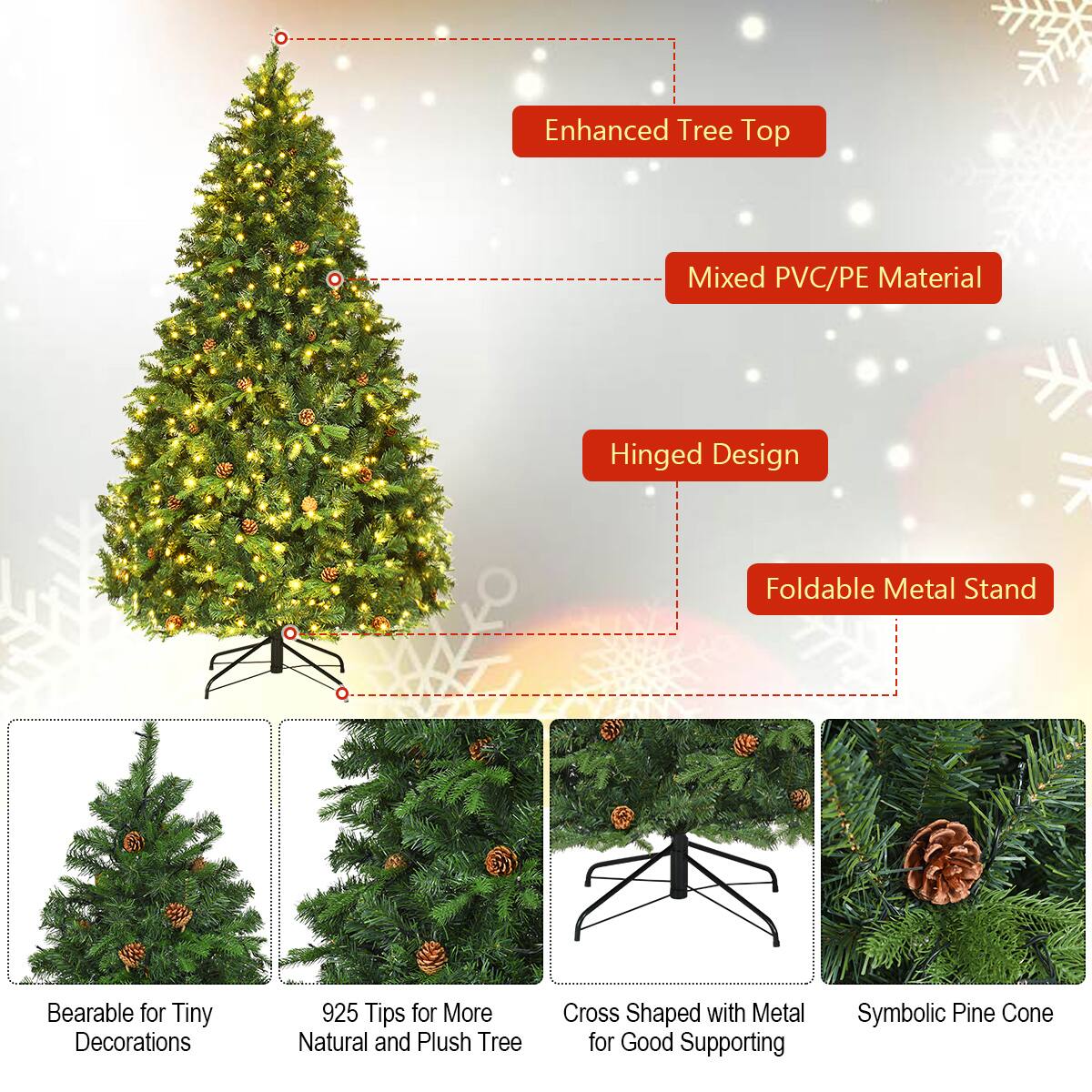 The image features a Christmas tree with a foldable metal stand, and it is decorated with ornaments. The tree is described as having an enhanced tree top, mixed PVC/PE material, and a hinged design. The stand is designed to be bearable for tiny decorations, and it is made of metal for good supporting. The tree is shaped like a cross, and it is adorned with natural and plush decorations. The image also includes a symbolic pine cone, adding to the festive atmosphere.