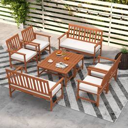 Gymax - 8-Piece Acacia Wood Patio Conversation Set Outdoor Furniture Set w/ 4 Armchairs - Off White