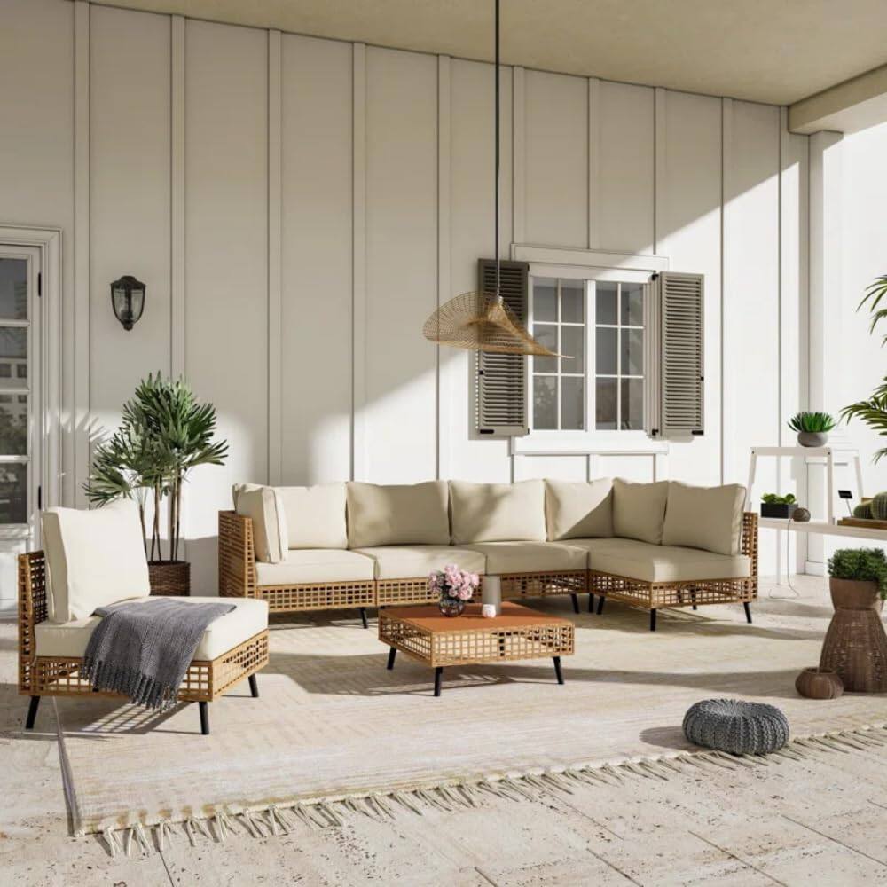 Angle. Yardgrace - 7 Pieces Outdoor Sectional Sofa Set PE Wicker Rattan Patio Conversation Set with Cushions - Beige.