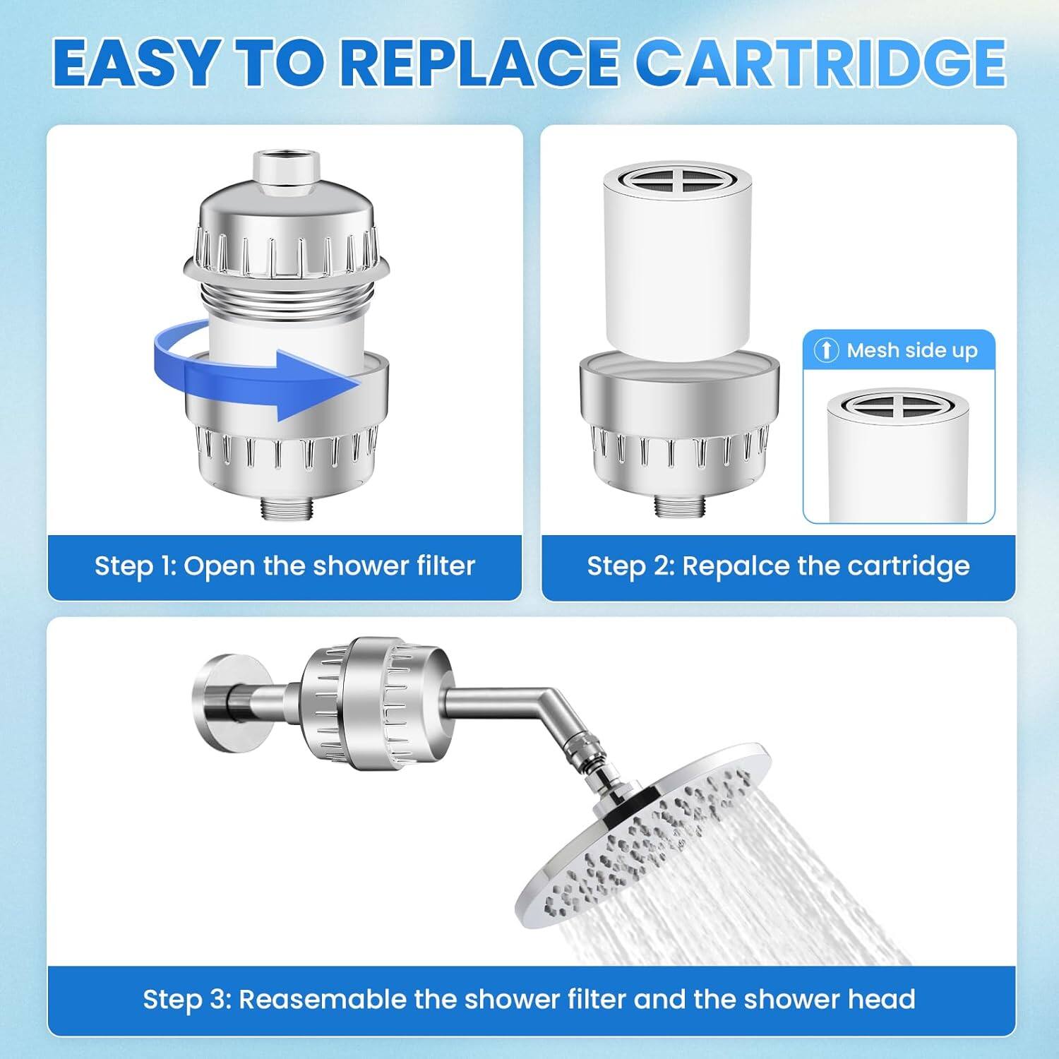 EASY TO REPLACE CARTRIDGE

1. Mesh side up

Step 1: Open the shower filter
Step 2: Replace the cartridge
Step 3: Reassemble the shower filter and the shower head