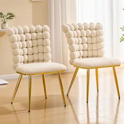 Front. Loheer - Loheer Cream Dining Chairs 3.0 ft Tufted Velvet Accent Chair with Gold Metal Legs, Bubble Back Side Chair - Beige,Gold.