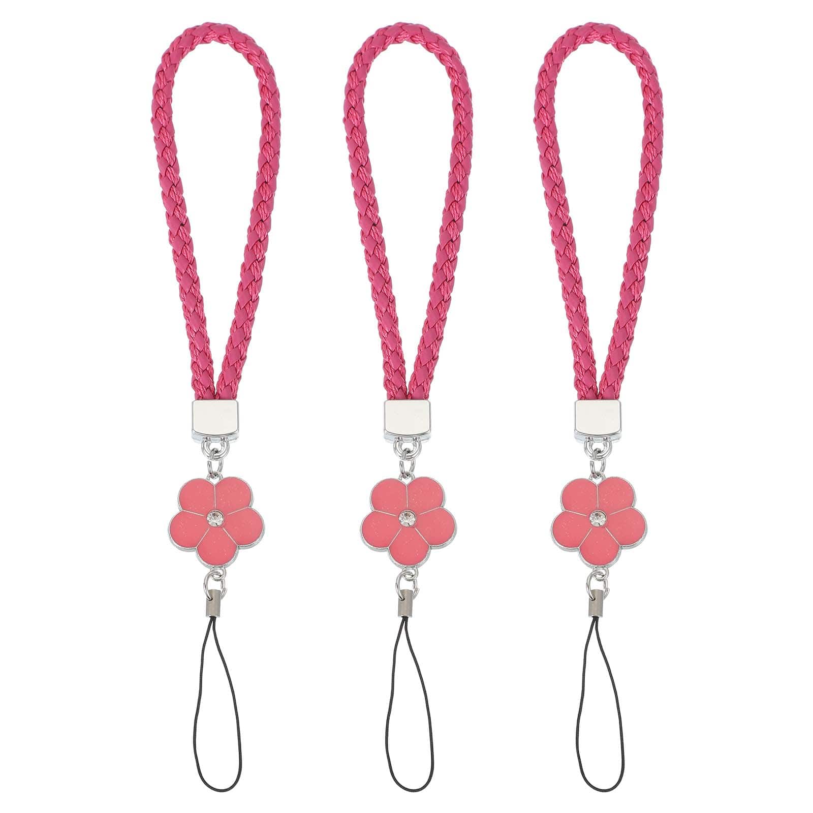 Unique Bargains - 3pcs Creative Braided Flower Phone Charm Wrist Lanyard for Case Camera Keychain Hand String - Rose Red