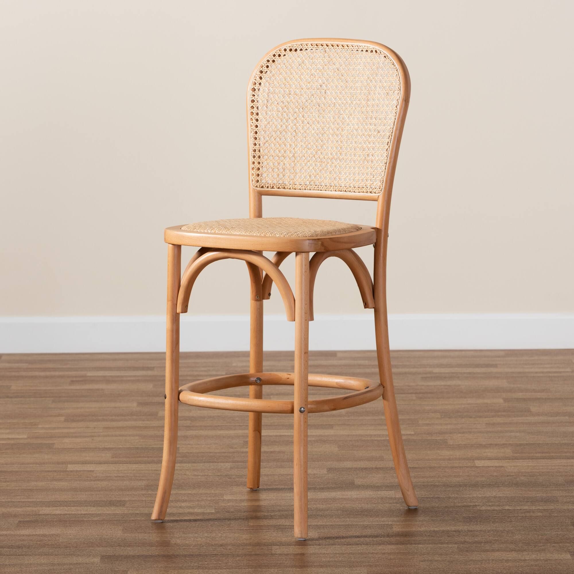 Alt View 4. Baxton Studio - Vance Mid-Century Modern Woven Rattan and Wood Cane Counter Stool - Beige/Natural.