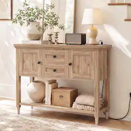 Aheaplus - 41.7'' Farmhouse Console Table with Charging Station, Narrow Sofa Table with 2 Drawers, Doors and Open Shelf - Nature Oak