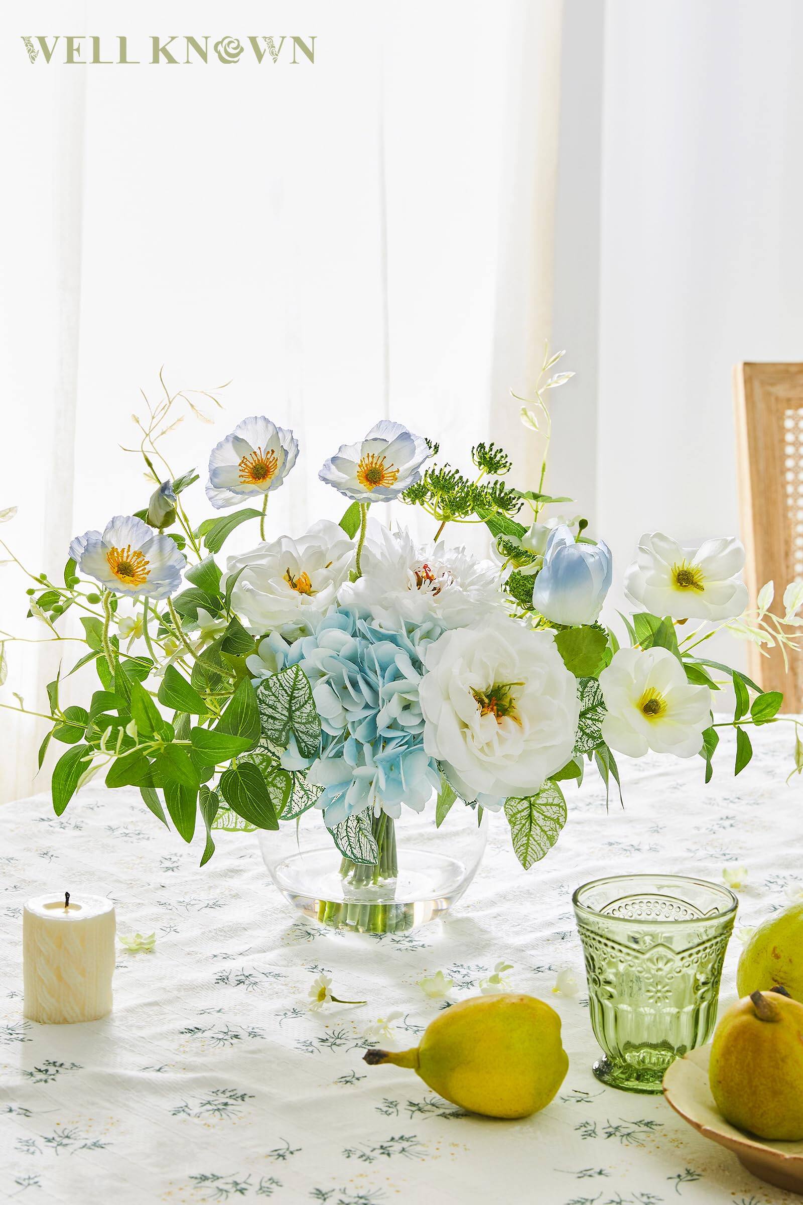 Siljoy - Silk Floral Arrangement, Faux Water Glass Vase, Home Wedding Decor - Blue