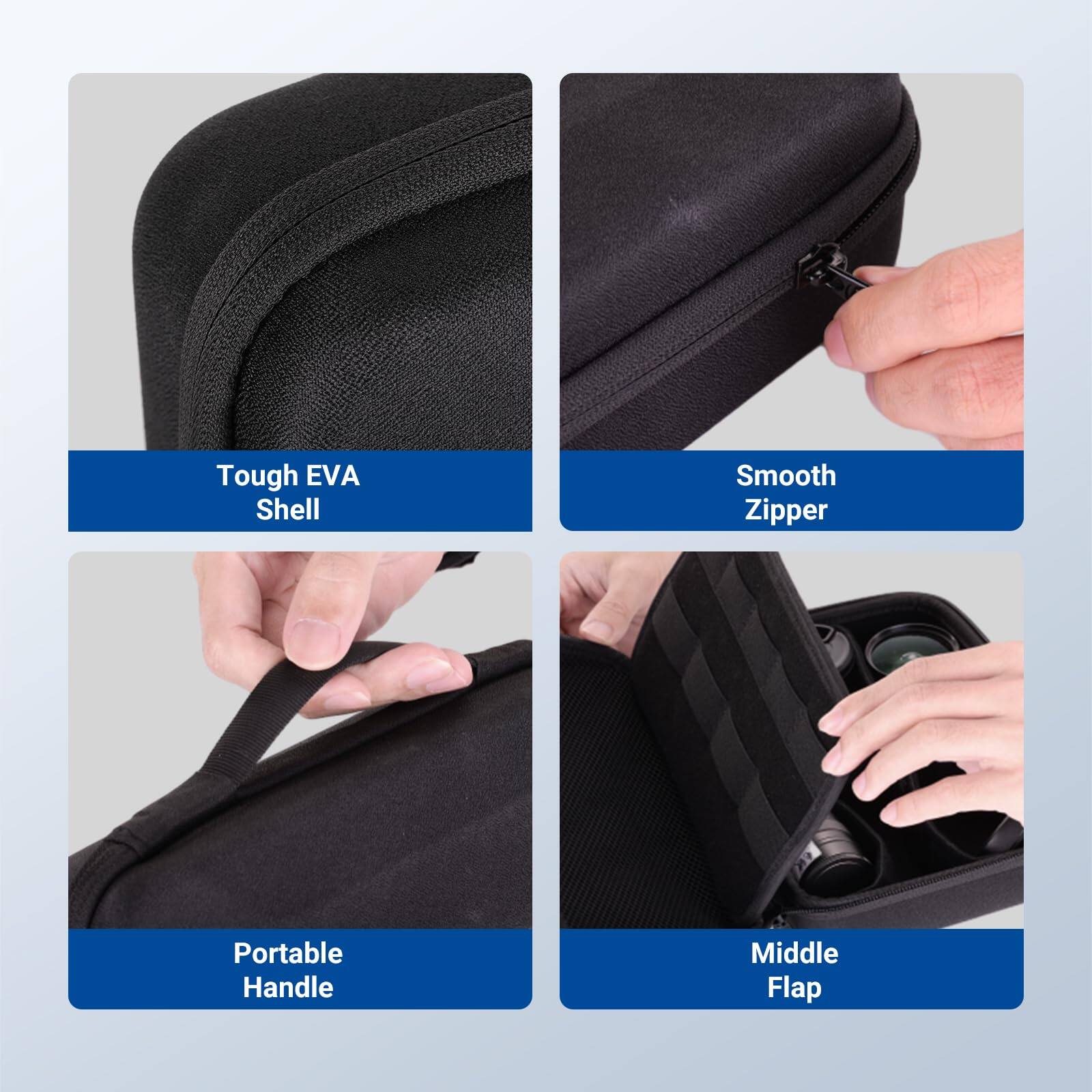Tough EVA Shell  
Smooth Zipper  
Portable Handle  
Middle Flap