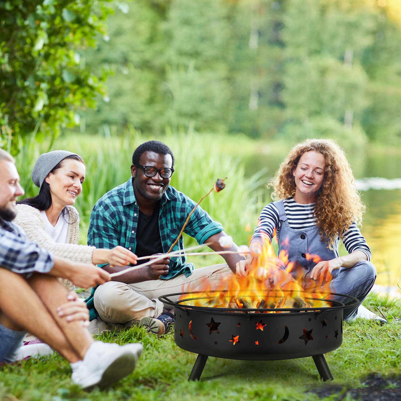 Alt View 4. Oumilen - 42.5" Large Outdoor Fire Pit with Star & Moon Cutouts, Spark Screen & Poker.