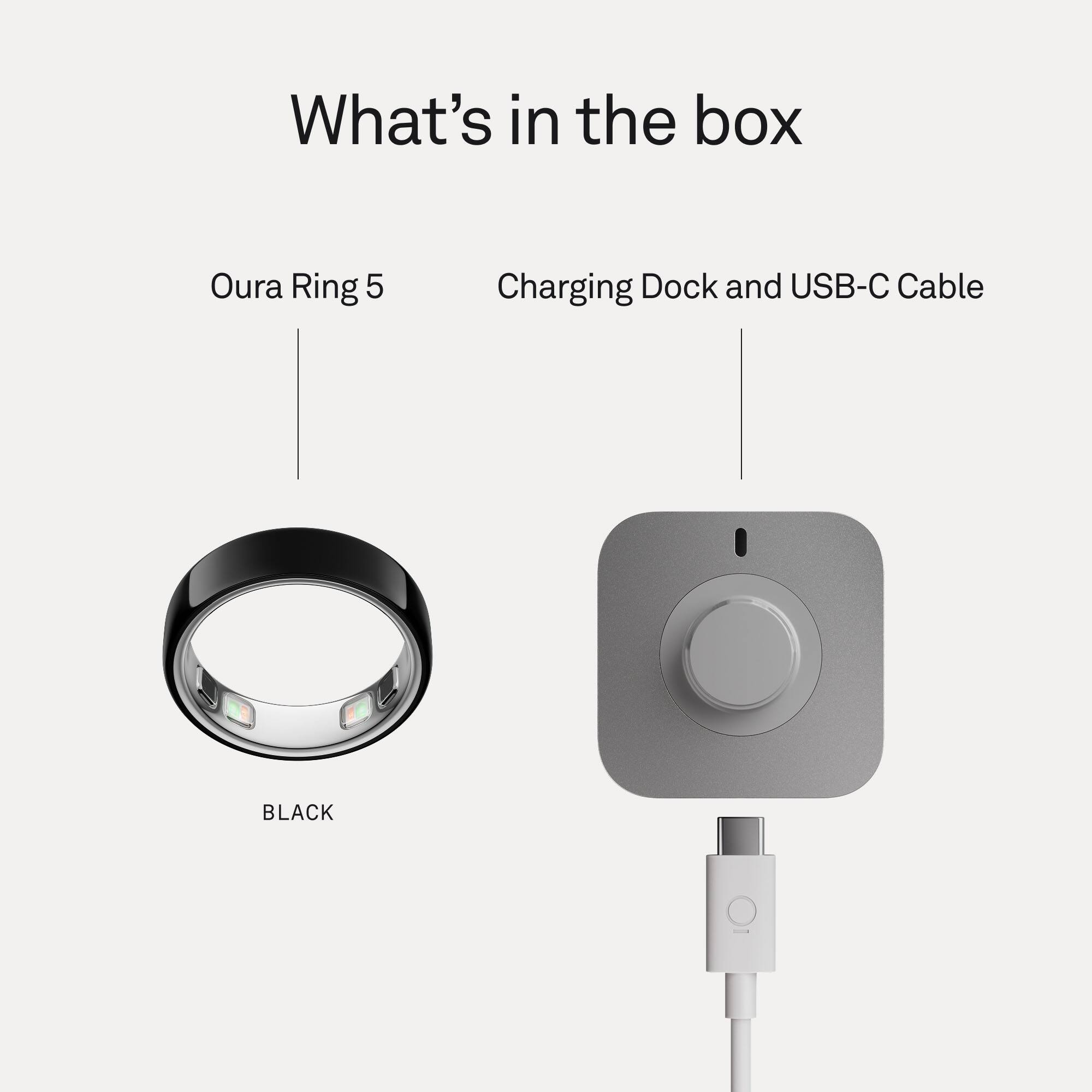 What's in the box: Oura Ring 5, Charging Dock and USB-C Cable, BLACK
