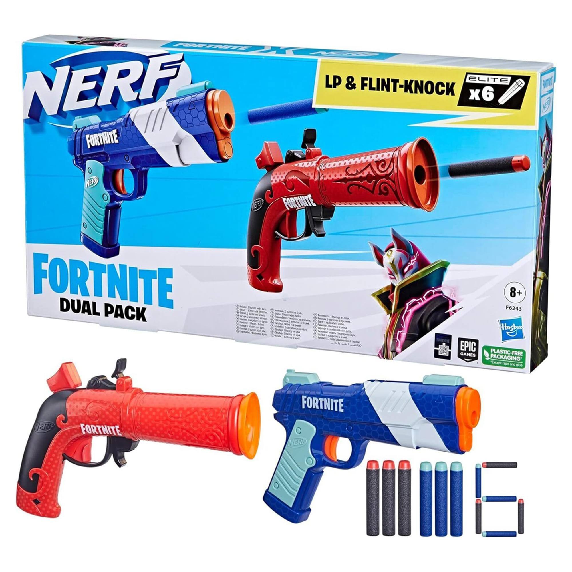NERF  
FORTNITE DUAL PACK  

LP & FLINT-KNOCK x6  

ELITE  

8+  

F6243  

EPIC GAMES  

PLASTIC-FREE PACKAGING  

FORTNITE