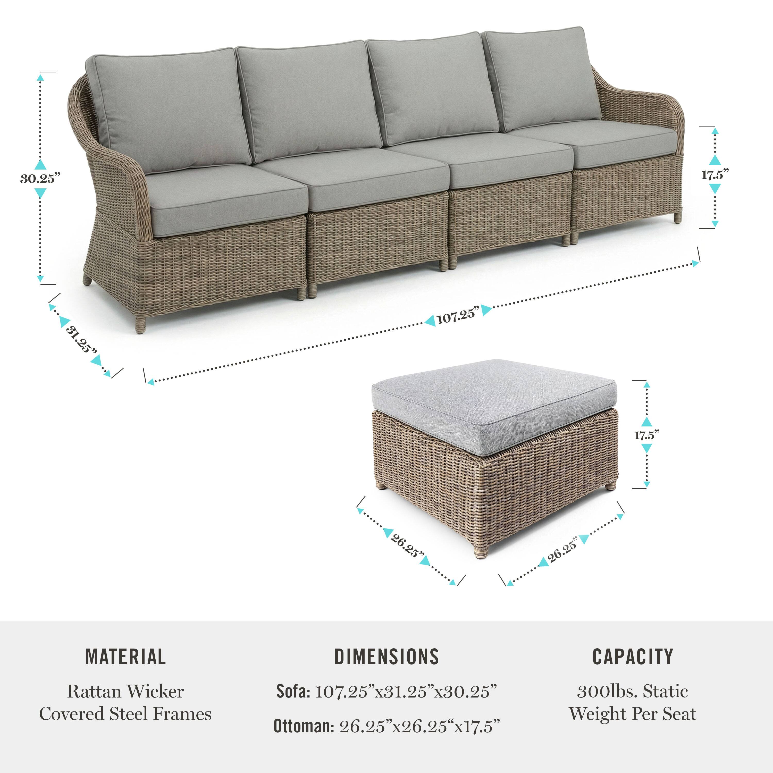 80.25" 17.5 81.25 81 . 107.25 17.5" 26.25" 26.25" 26.25" MATERIAL DIMENSIONS CAPACITY Rattan Wicker Covered Steel Frames Sofa: 107.25"x31.25"x30.25" 107.25" x31.25" x30.25" Ottoman: 26.25"x26.25"x17.5" 26.25 x26.25 x17.5" 300lbs. Static Weight Per Seat