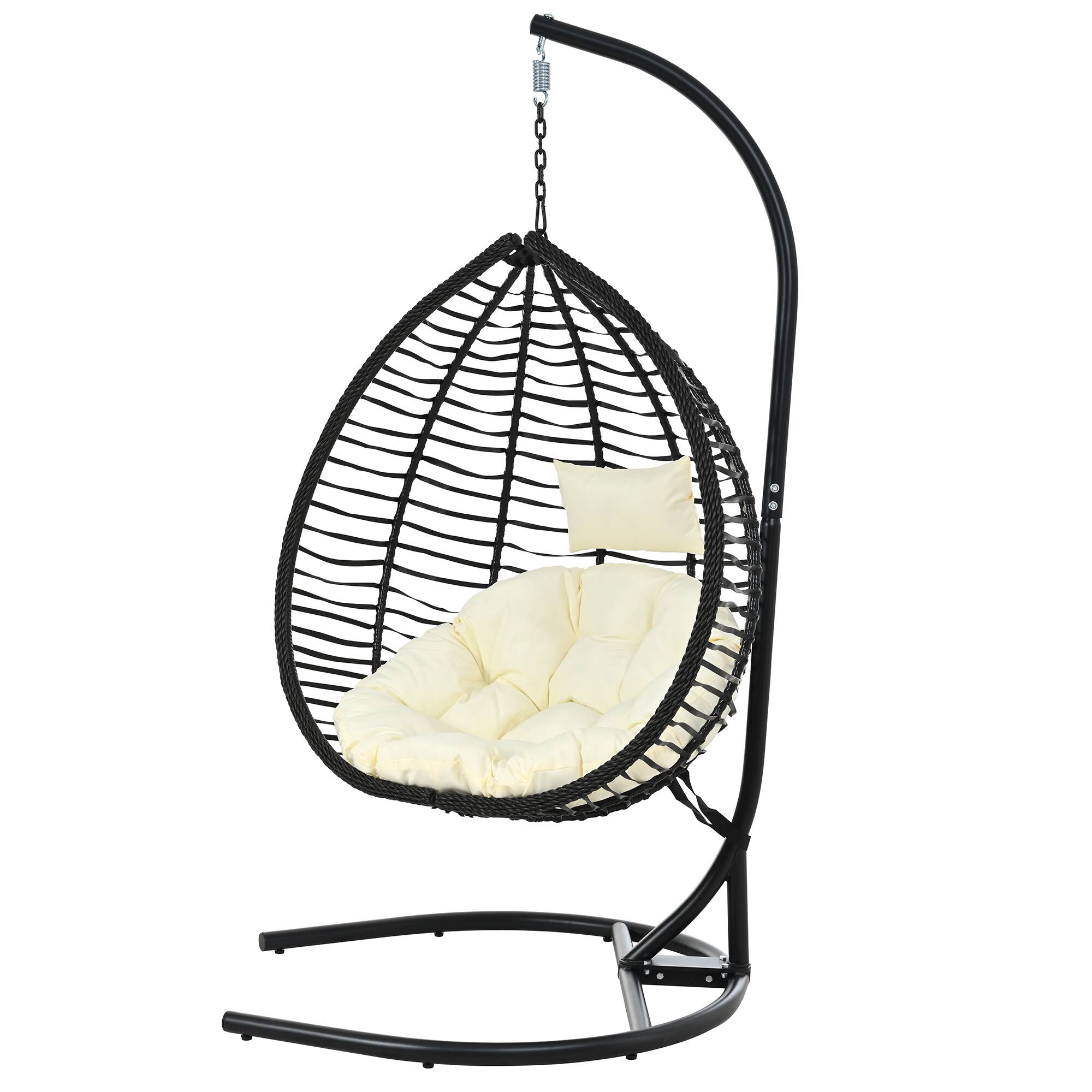 Angle. Whisen - Foldable Hanging Egg Chair with Stand, Sturdy Indoor Outdoor Swing with Plush Cushion-Black - Black.