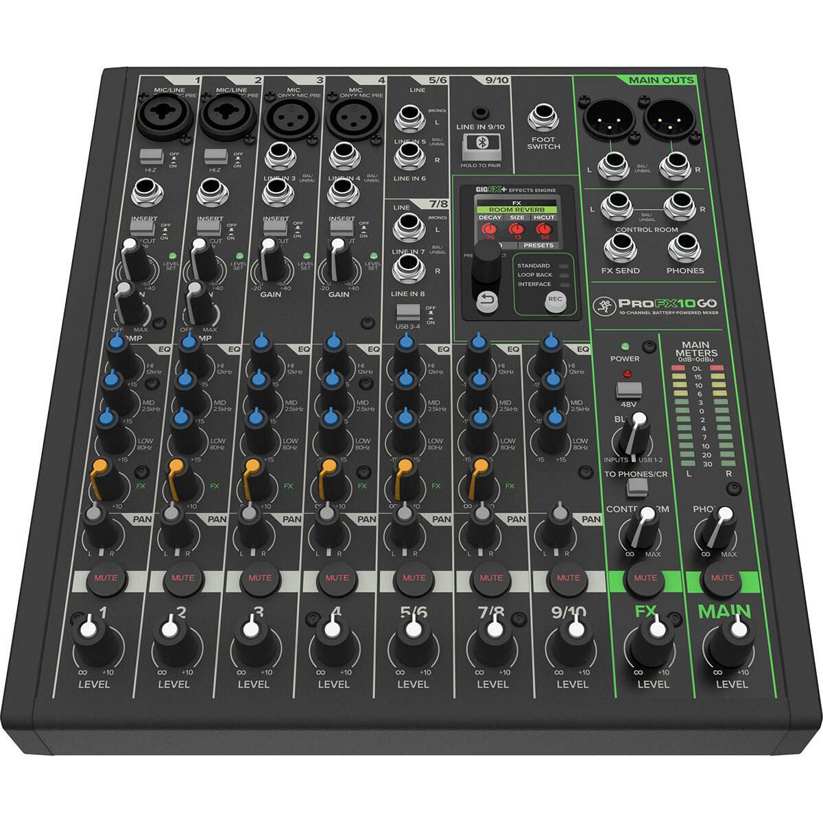 1 MIC/LINE  
2 MIC/LINE  
3 MC ONYY MC PRE  
4 MC ONYY MIC PRE  
5/6 LINE  
9/10  
MAIN OUTS  
LINE IN 9/10  
FOOT SWITCH  
H-Z  
H-Z  
3  
UNE  
q  
HOLD  
PAIR  
GIG  
EFFECTS ENGINE  
INSERT OUT W  
INSERT  
INSERT NO  
INSERT  
LINE  
7/8 MONO  
FX ROOM REVERB DECAY SIZE HICUT 50 PRESETS  
CONTROL ROOM  
GAIN  
LEVEL  
GAIN  
LINE  
R  
STANDARD LOOP BACK INTERFACE REC  
FX SEND  
PHONES  
OF  
NO-CHANNEL BATTIGRIP  
WATER  
OFF MAX MP EQ Dob MD 25tHz LOW 80+ +15 FX  
MP EQ Choc MD 25Hz LOW 80Hz FX  
EQ Cide MD 254Hz LOW 80-2 +15 FX  
EQ Dide MD 25tHz LOW 80-2 FX  
EQ Boe MD 25kHz LOW 80H2 FX  
45  
EQ Get 25Hz LOW 80