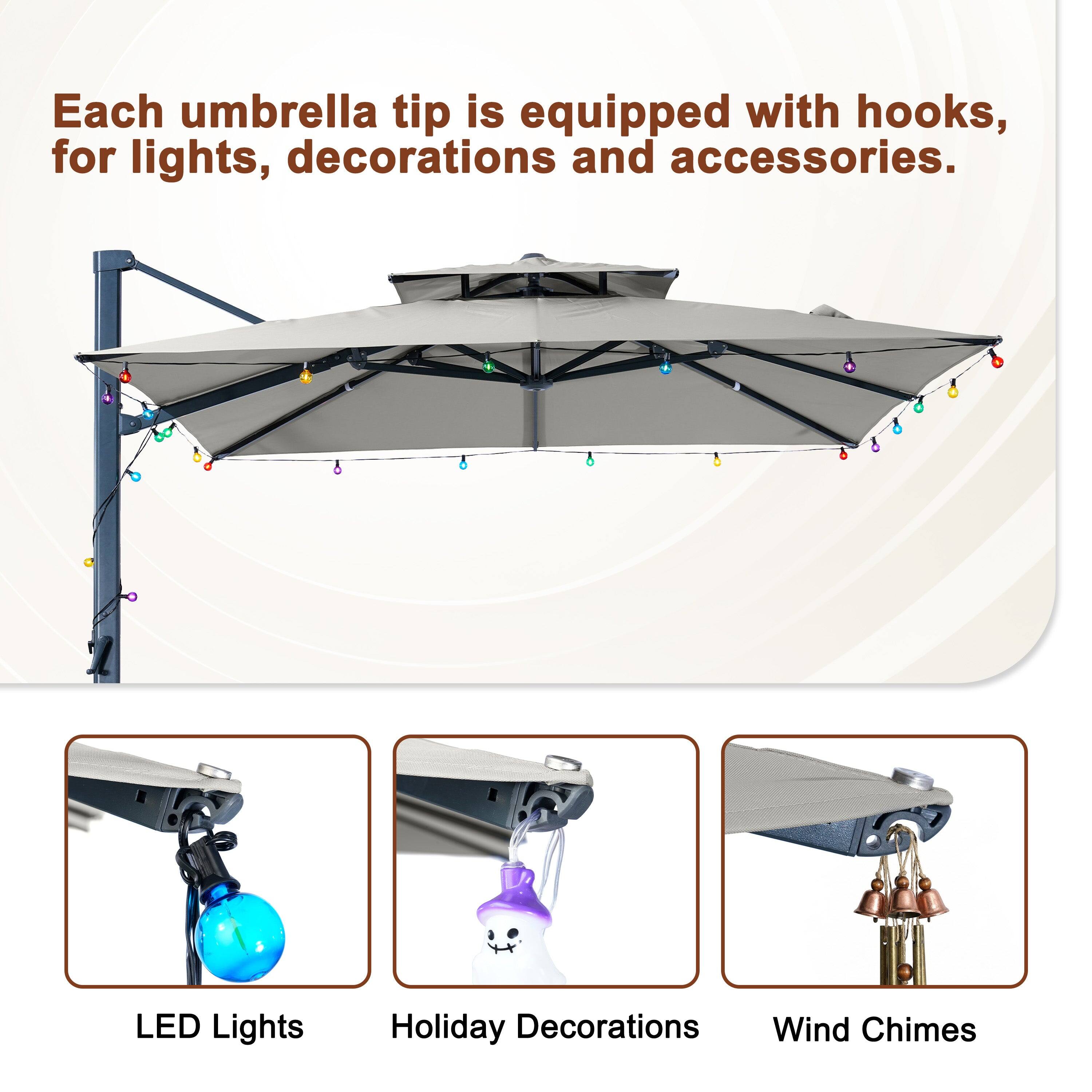 Each umbrella tip is equipped with hooks, for lights, decorations and accessories.

LED Lights  
Holiday Decorations  
Wind Chimes