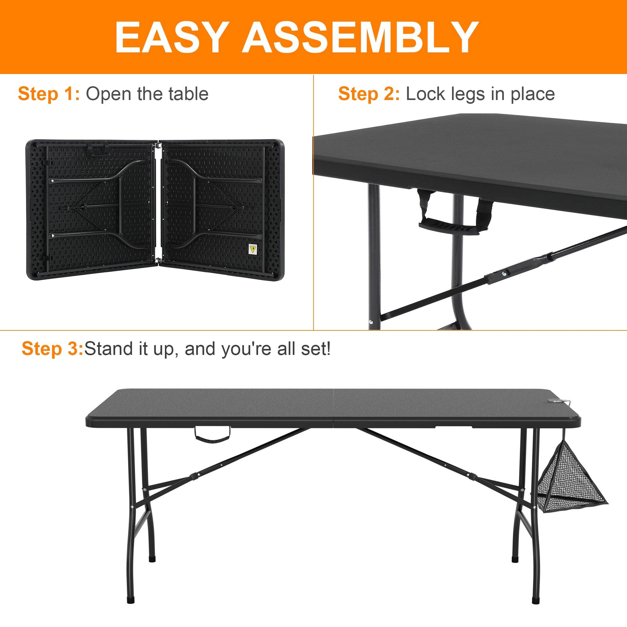 EASY ASSEMBLY

Step 1: Open the table

Step 2: Lock legs in place

Step 3: Stand it up, and you're all set!