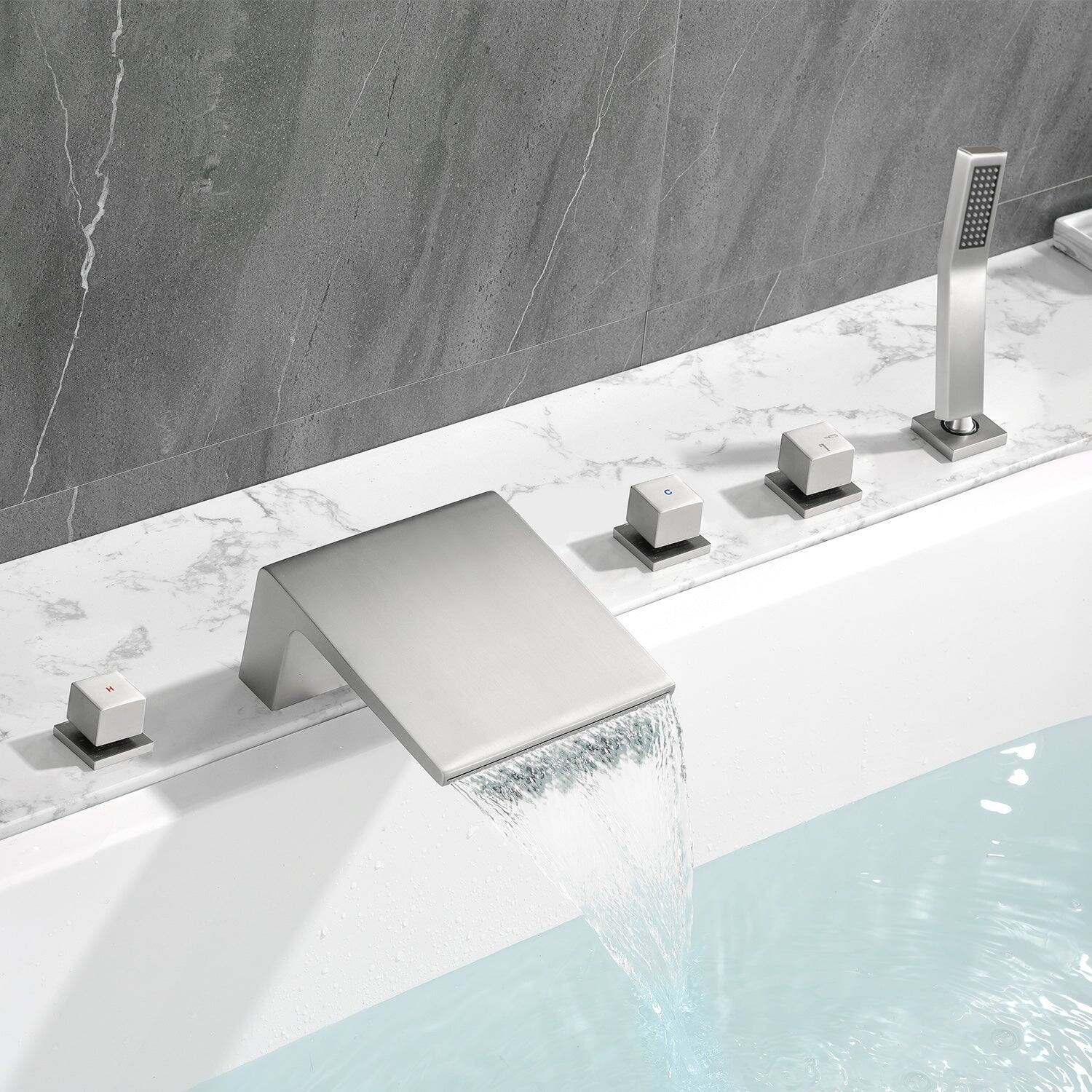 Alt View 3. Boyel Living - 7 in.W Brushed Nickel Bathtub Hot and Cold Water Faucet with Handheld Shower and Waterfall Outlet 5-Hole - Brushed Nickel.