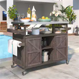 HTUTWOO - Outdoor Kitchen Island Rolling Bar Cart -Wood Grill Table with Stainless Steel Top,Storage Cabinet,Spice Rack,Towel Rack - Dark Brown