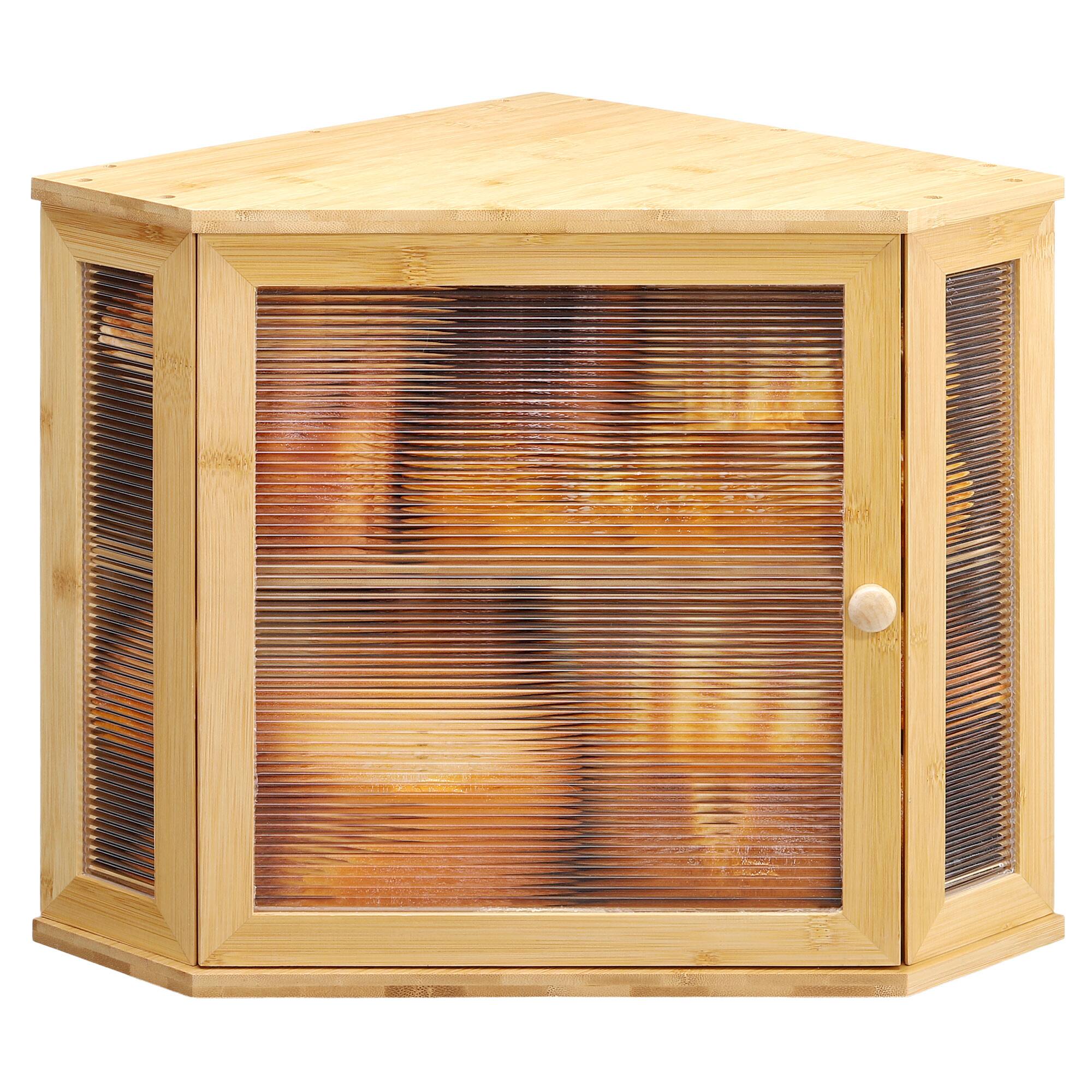 Front. Unique Bargains - Corner Bread Box for Kitchen Countertop, Bamboo Large Capacity Bread Storage with Acrylic Wavy Door, Medium - Natural.