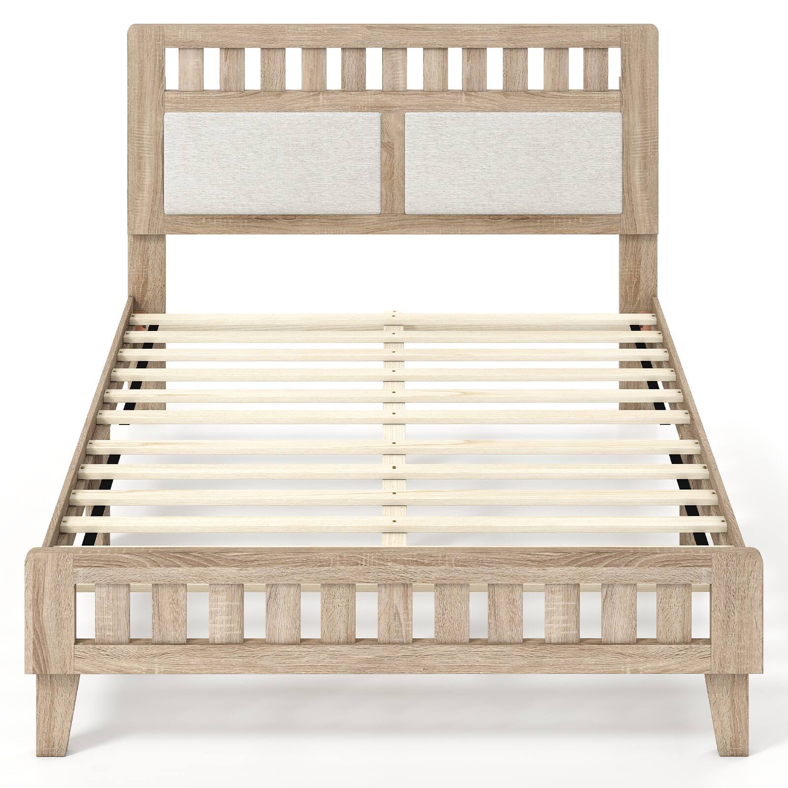 Alt View 9. Gymax - Gymax Full Wood Bed Frame w/Upholstered Headboard Solid Wood Leg Wooden Slat Support Rustic Oak & Beige - Yellow.