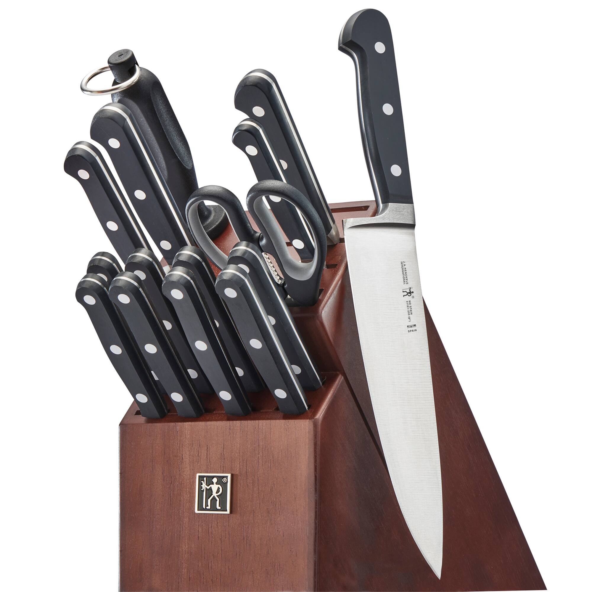 Henckels - Classic Razor-Sharp 16-pc Knife Block Set, Chef Knife, Bread Knife, Carving Fork and Knife, , Dark Brown Block - Ash