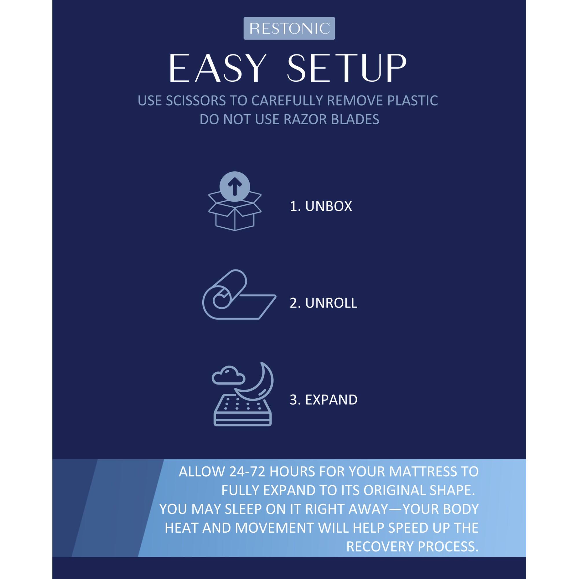 RESTONIC  
EASY SETUP  

USE SCISSORS TO CAREFULLY REMOVE PLASTIC  
DO NOT USE RAZOR BLADES  

1. UNBOX  
2. UNROLL  
3. EXPAND  

ALLOW 24-72 HOURS FOR YOUR MATTRESS TO FULLY EXPAND TO ITS ORIGINAL SHAPE.  
YOU MAY SLEEP ON IT RIGHT AWAY—YOUR BODY HEAT AND MOVEMENT WILL HELP SPEED UP THE RECOVERY PROCESS.