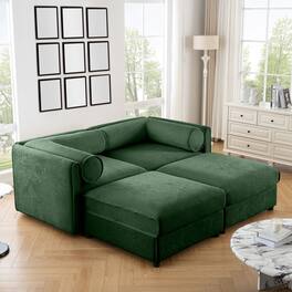 Anysun - Chenille 2-Seater Loveseat with 2 Ottoman Storage - Cylindrical Backrest & Armrests, Modern Hidden Storage Design - Green