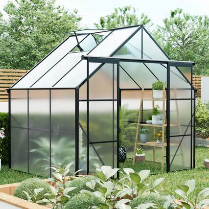 Front. Mondawe - 8X6FT Double Door Polycarbonate Greenhouse - Black.