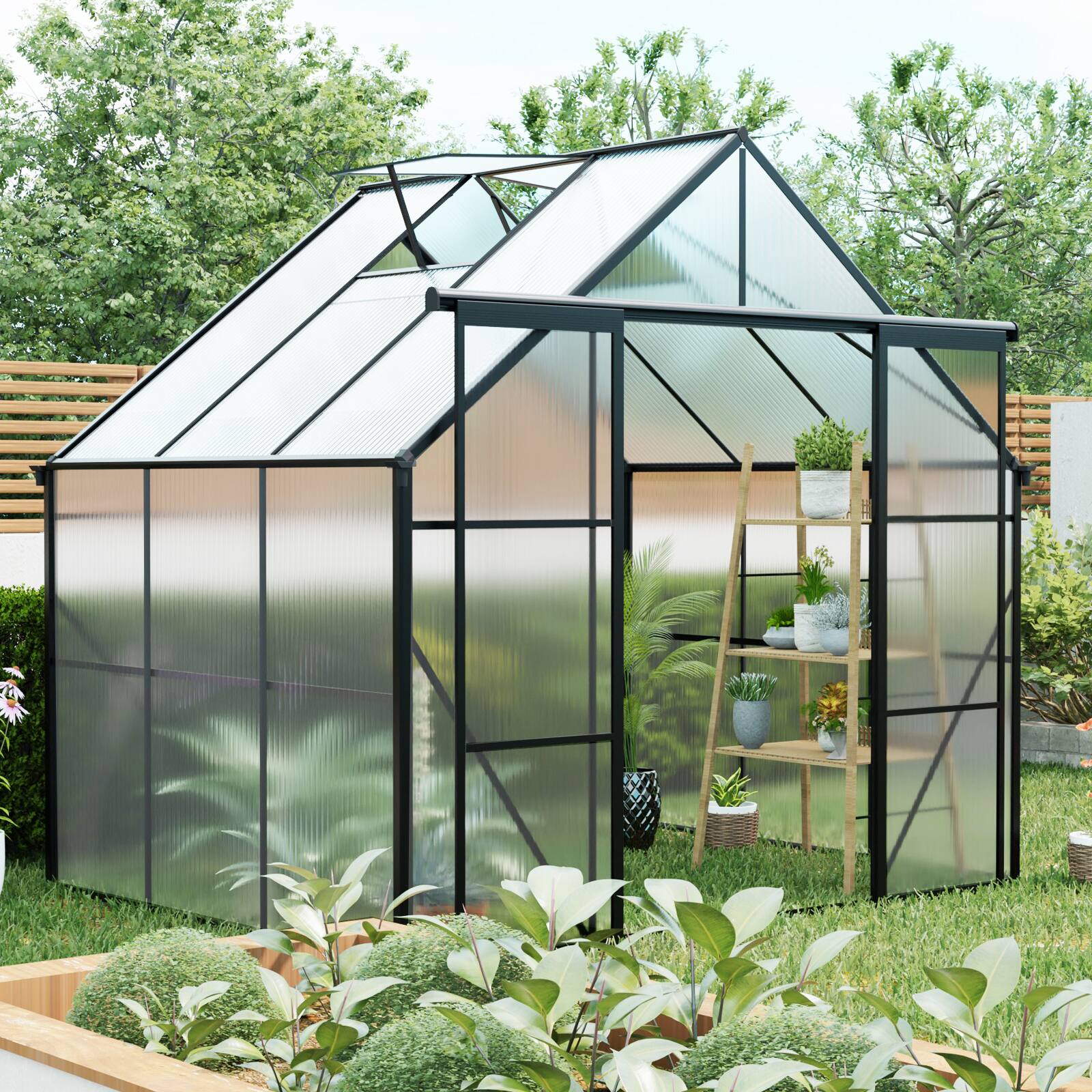Front. Mondawe - 8X6FT Double Door Polycarbonate Greenhouse - Black.