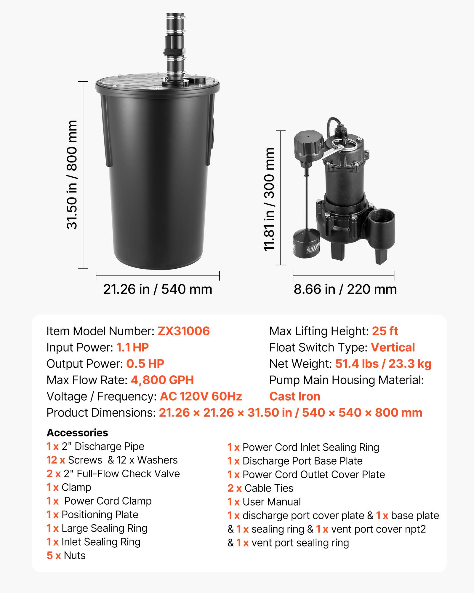 mm 800 / in 31.50  
21.26 in / 540 mm  
mm 300 / 11.81 in / 300  
8.66 in  
220 mm  

Item Model Number: ZX31006  
Max Lifting Height: 25 ft  
Input Power: 1.1 HP  
Output Power: 0.5 HP  
Net Weight: 51.4 lbs / 23.3 kg  
Max Flow Rate: 4,800 GPH  
Pump Main Housing Material: Cast Iron  
Voltage / Frequency: AC 120V 60Hz  
Product Dimensions: 21.26 x 21.26 x 31.50 in / 540 x 540 x 800 mm  

Accessories  
1x 2" Discharge Pipe  
12x Screws & 12x Washers  
2x 2" Full-Flow Check Valve  
1x Clamp  
1x Power Cord Clamp  
1x Positioning Plate  
1x Large Sealing Ring  
1x Inlet Sealing