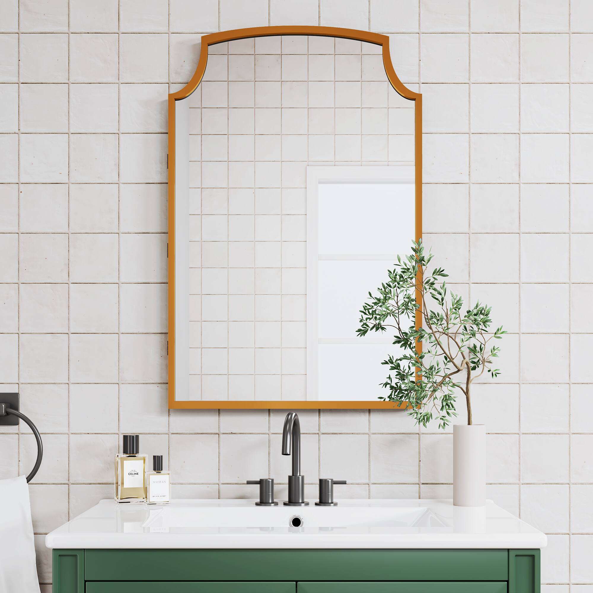 Front. PexFix - 19.7" x 29.9" Gently Arched Bathroom Mirror Medicine Cabinet  - Metal Frame, Recessed or Surface Mount - Gold.