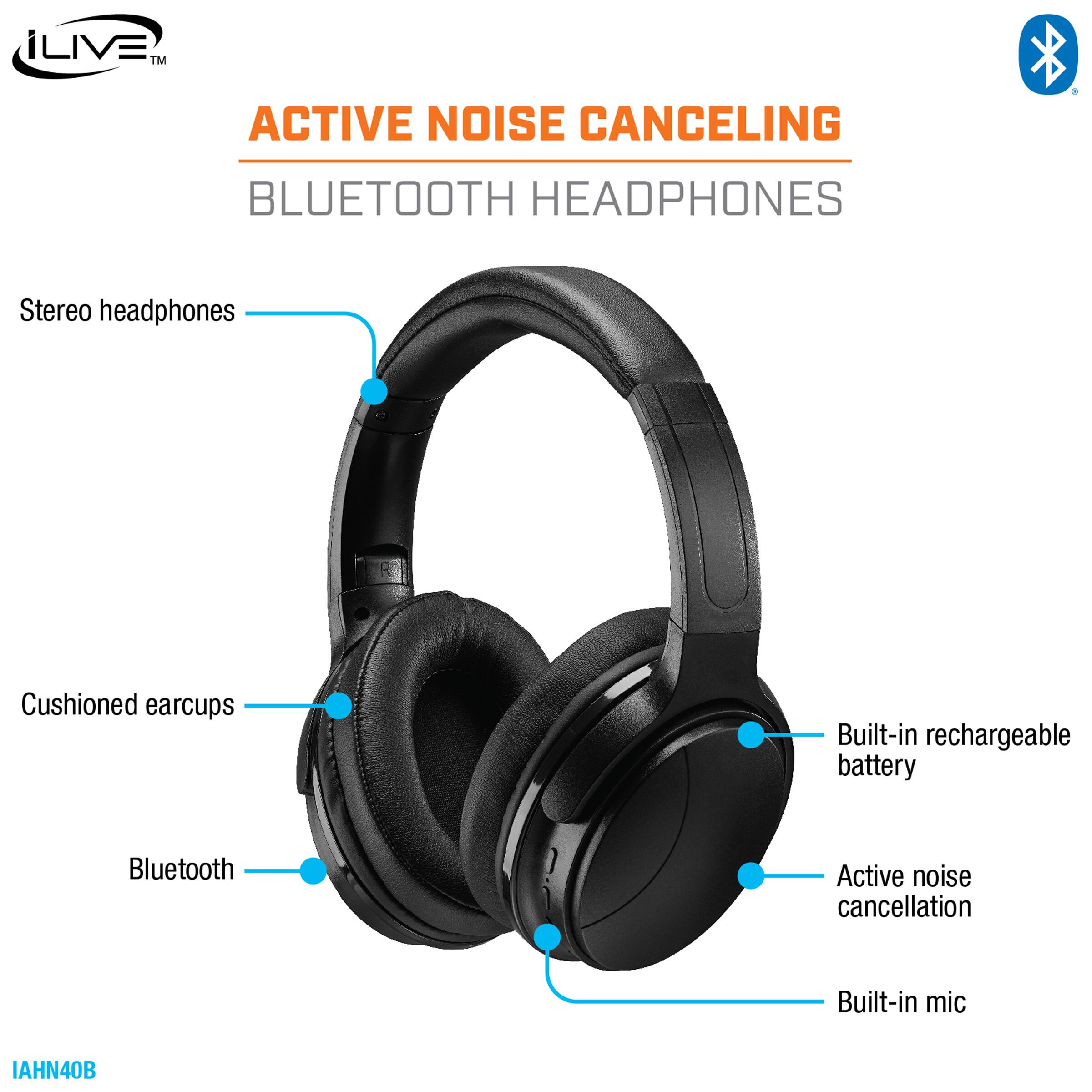 LIVE™ ACTIVE NOISE CANCELING BLUETOOTH HEADPHONES

Stereo headphones  
Cushioned earcups  
Built-in rechargeable battery  
Bluetooth  
Active noise cancellation  
Built-in mic  

IAHN40B