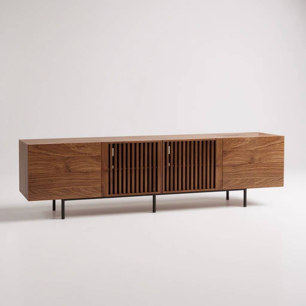 Alt View 2. luck idea - 94.48" Walnut Fluted TV Stand for TV Up to 100", Mid-Century Media Console with Storage Cabinets & Metal Legs - Brown.