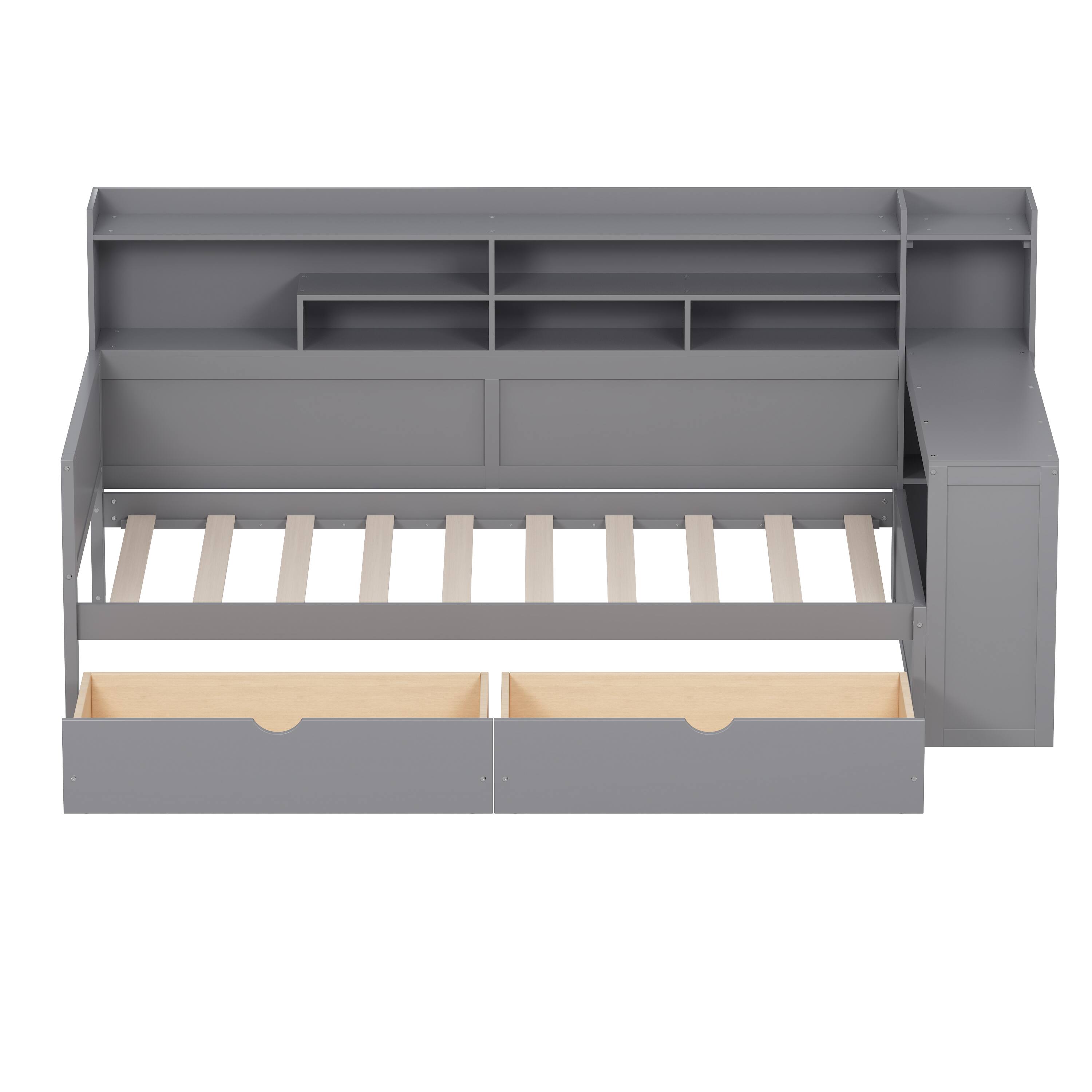 Alt View 4. Tiramisubest - Wooden Twin Size Daybed with Storage Shelves, Multi-functional Bed with Two Storage Drawers and  Study Desk, Gray - Gray.
