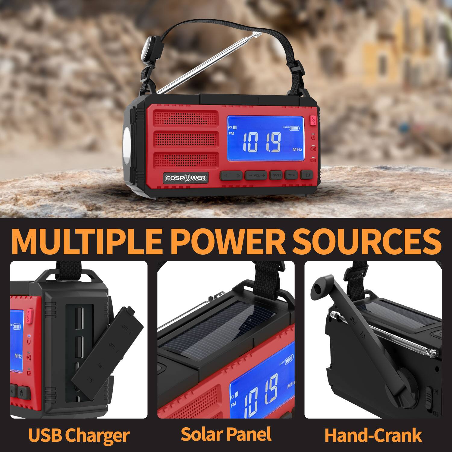 - 2 EN
- 1 19 H FoSP WER
- s BRE MULTIPLE POWER SOURCES
- UNLIUT OUT MM2 N an USB Charger F PPE FM Solar Panel Hand-Crank