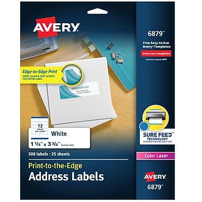 AVERY  
6879  
Free Easy-to-Use Avery Templates  
avery.com/templates  

Edge-to-Edge Print  
PRINT COLOR & TEXT ACROSS THE ENTIRE LABEL  

Amelia Archet  
12 Sebel per sheet  
White  
1 1/4" x 3 3/4" (aue)  
SURE FEED TECHNOLOGY  
300 labels - 25 sheets  

Print-to-the-Edge  
Address Labels  
Color Laser  

AVERY  
6879