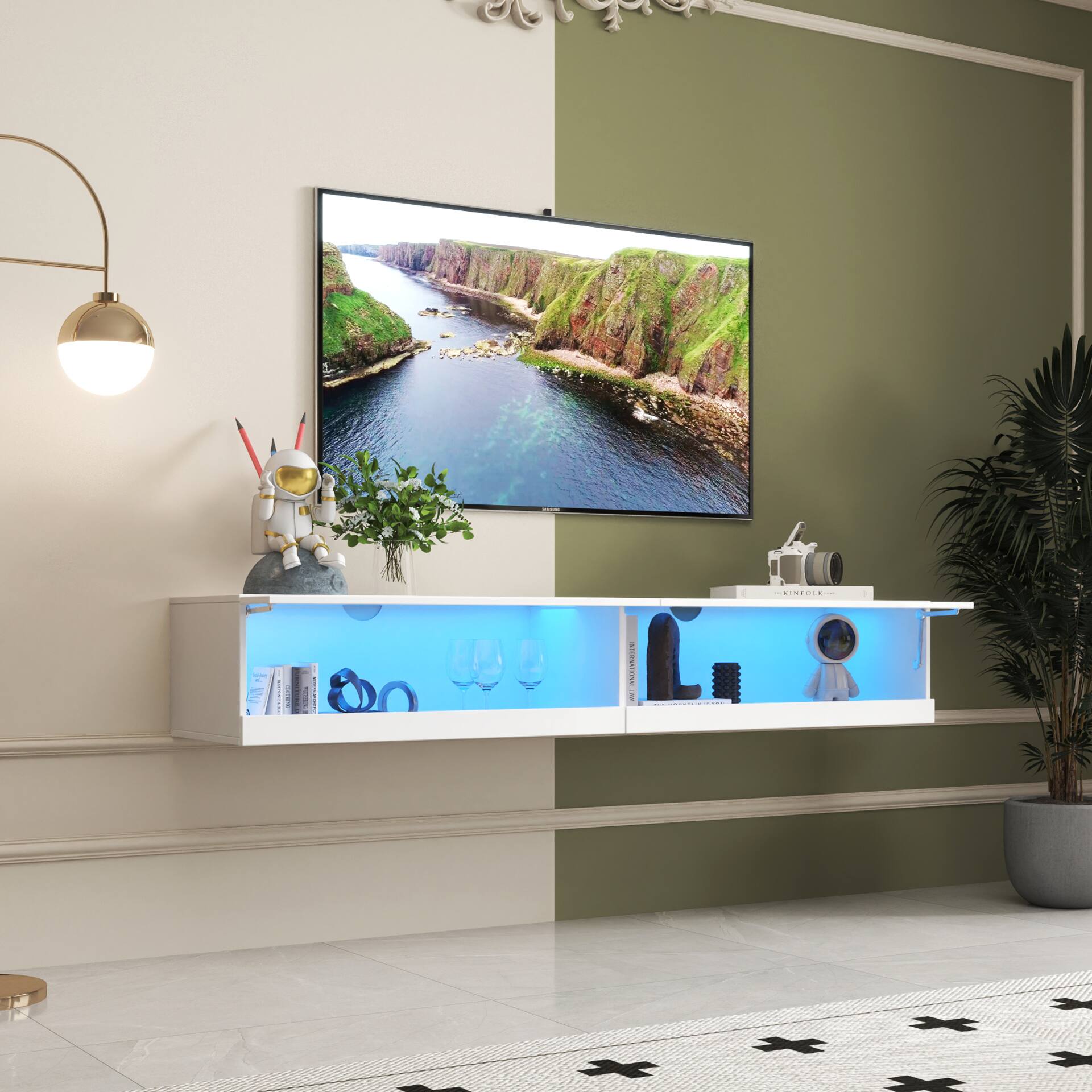 Back. Spaco - Spaco 180 Wall Mounted Floating 80" TV Stand with 20 Color LEDs and Charging Station for Living Room Bedroom - White.