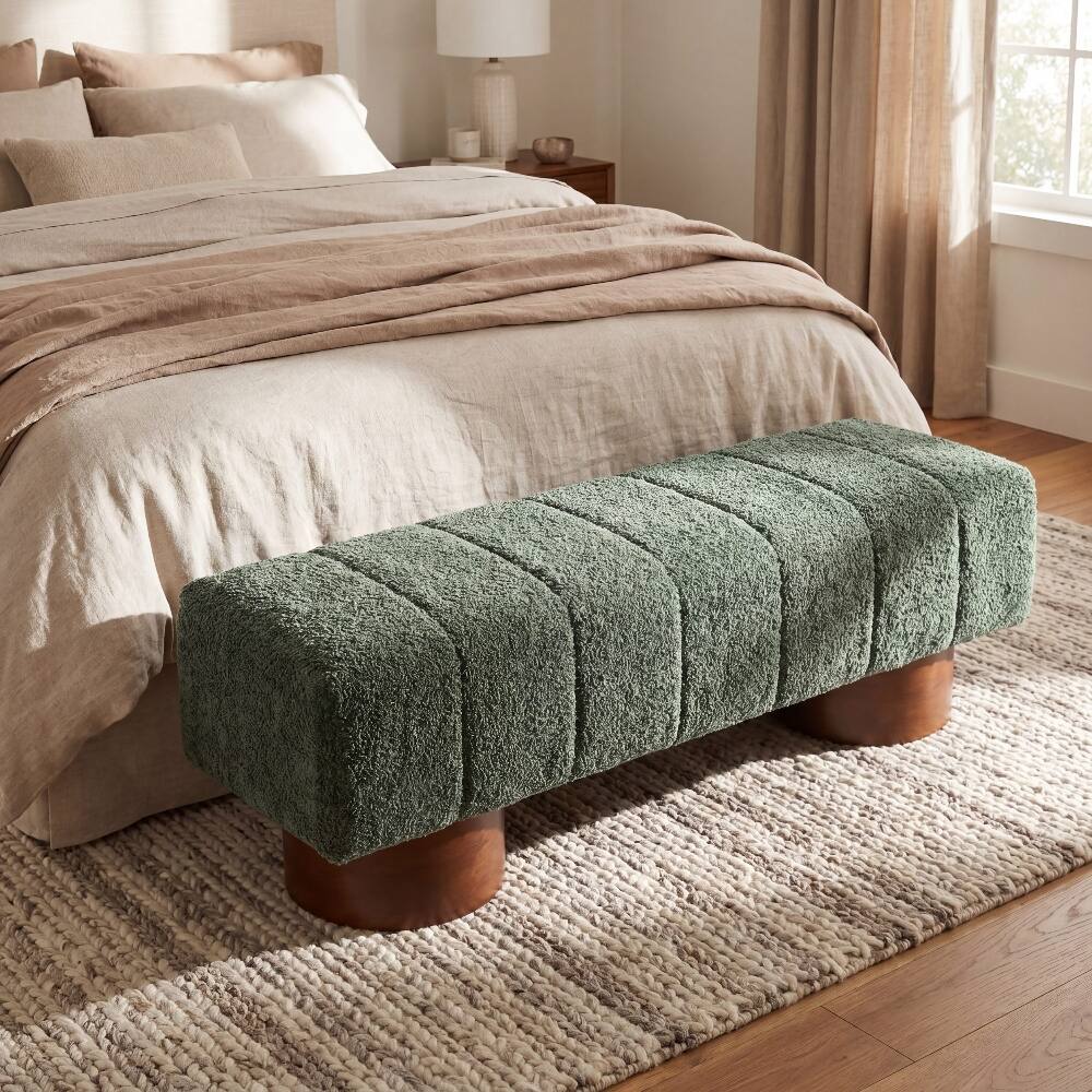Angle. Ropilly - Ropilly Green Boucle Upholstered Dining Bench Modern Accent Indoor Seating Channel Tufted Wood Frame - Green.