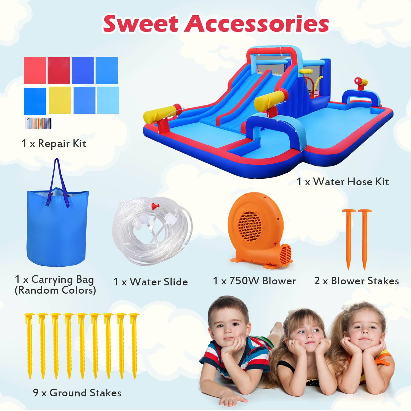 Sweet Accessories  
1 x Repair Kit  
1 x Carrying Bag (Random Colors)  
1 x Water Slide  
1 x Water Hose Kit  
1 x 750W Blower  
2 x Blower Stakes  
9 x Ground Stakes