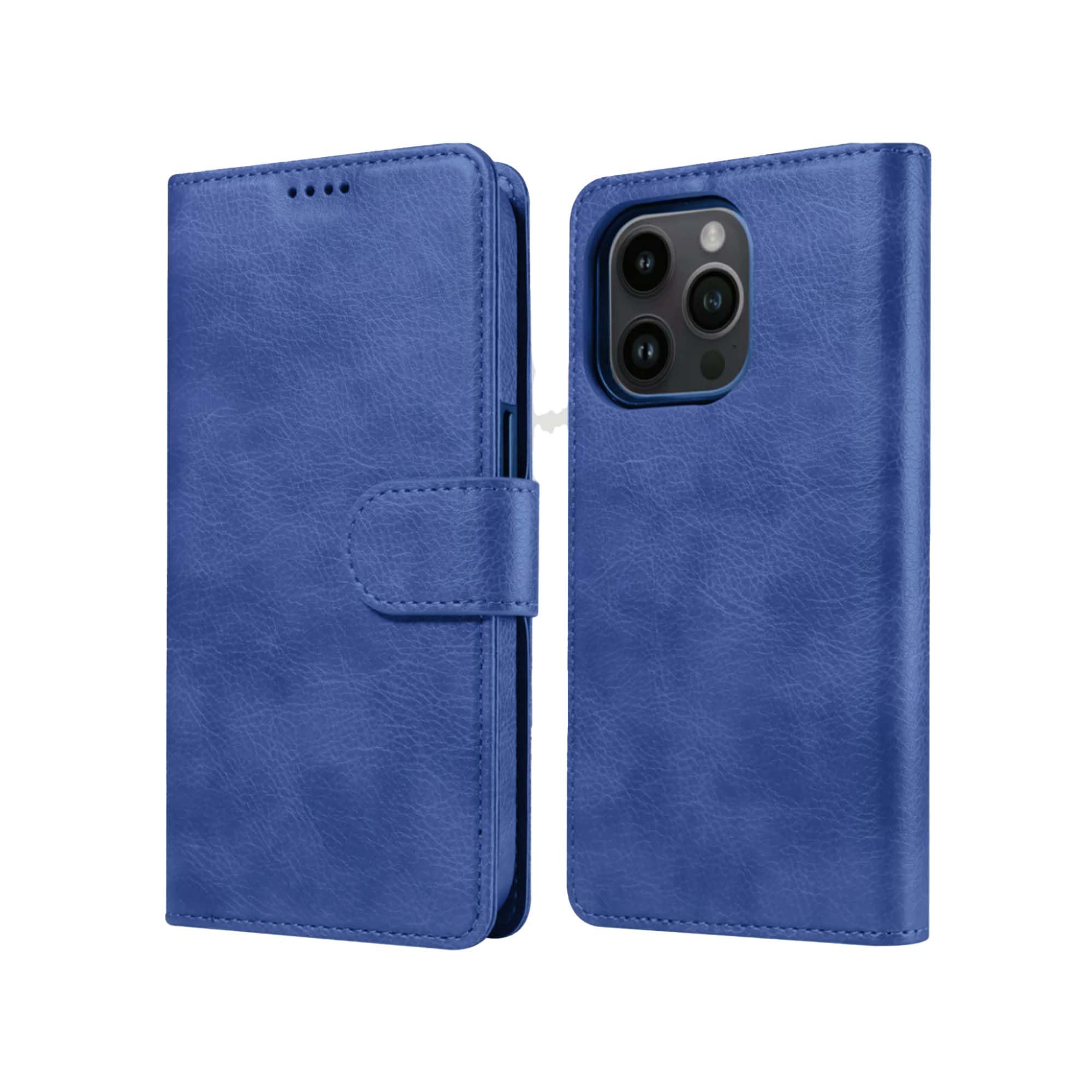 Front. RadEnergy - EMF Blocking Leather Wallet Case for iPhone 14 Plus - Blue.