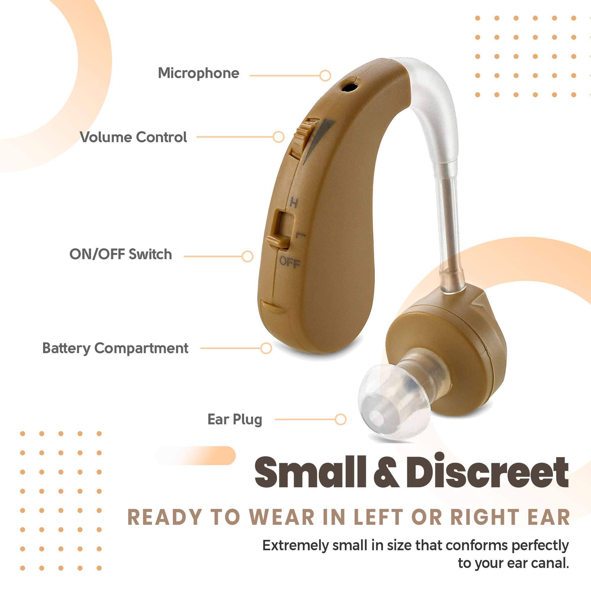 Microphone  
Volume Control  
ON/OFF Switch  
Battery Compartment  
Ear Plug  

Small & Discreet  
READY TO WEAR IN LEFT OR RIGHT EAR  
Extremely small in size that conforms perfectly to your ear canal.